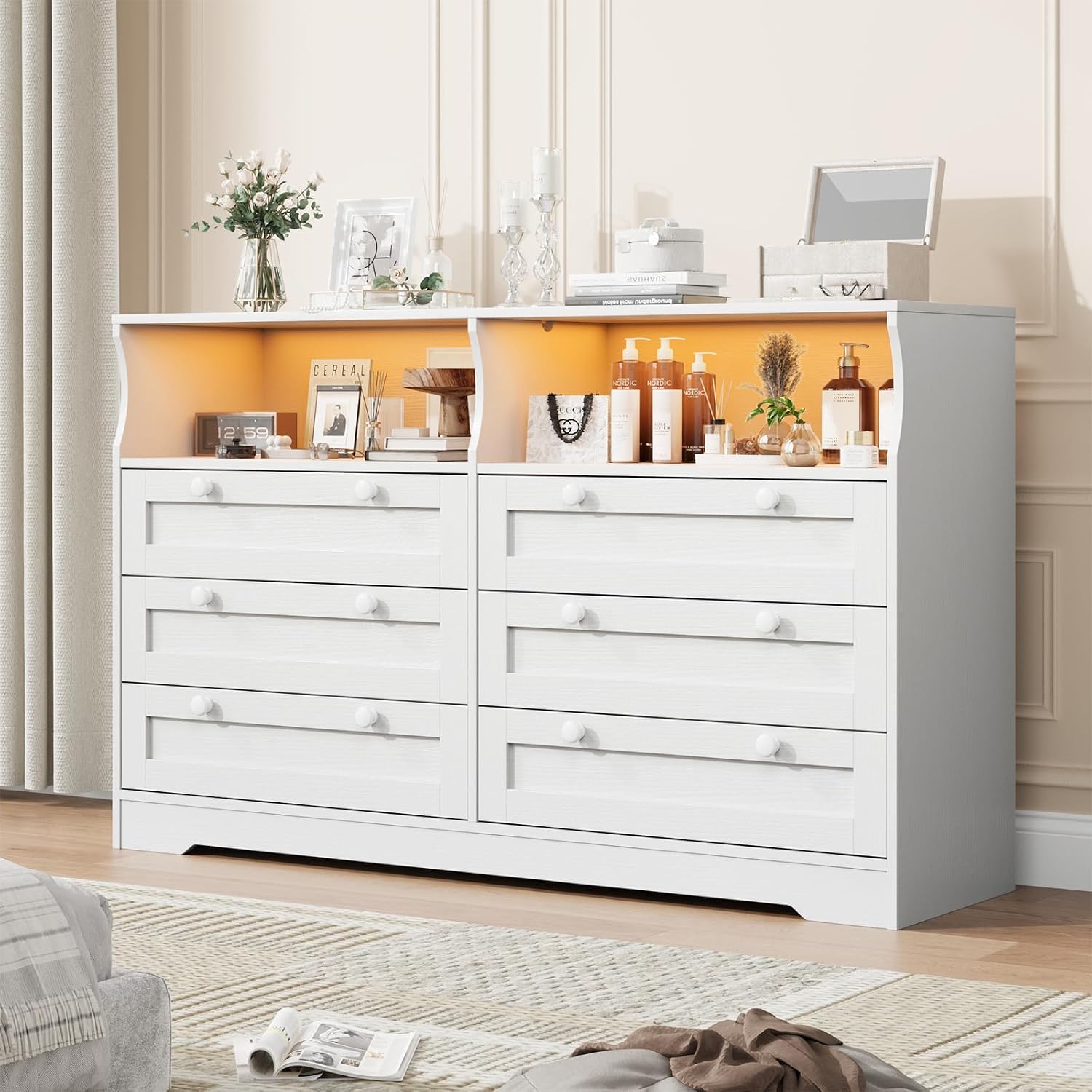 6-Drawer Dresser for Bedroom – Wood Chest with Charging Station, LED Lights & 2 Storage Compartments, Modern TV Stand for Living Room & Hallway