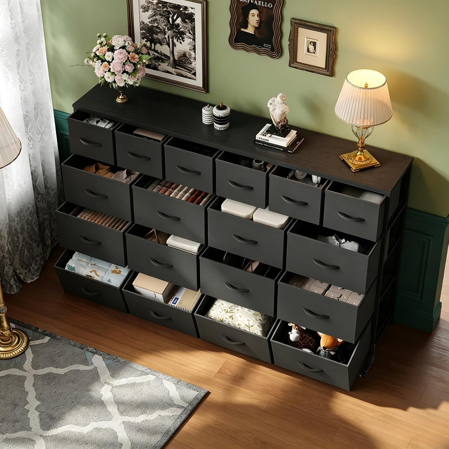 Long Fabric Dresser with 18 Drawers for Bedroom - 18 Drawer Fabric Dresser TV Stand - Large Chest of Drawers for Living Room 