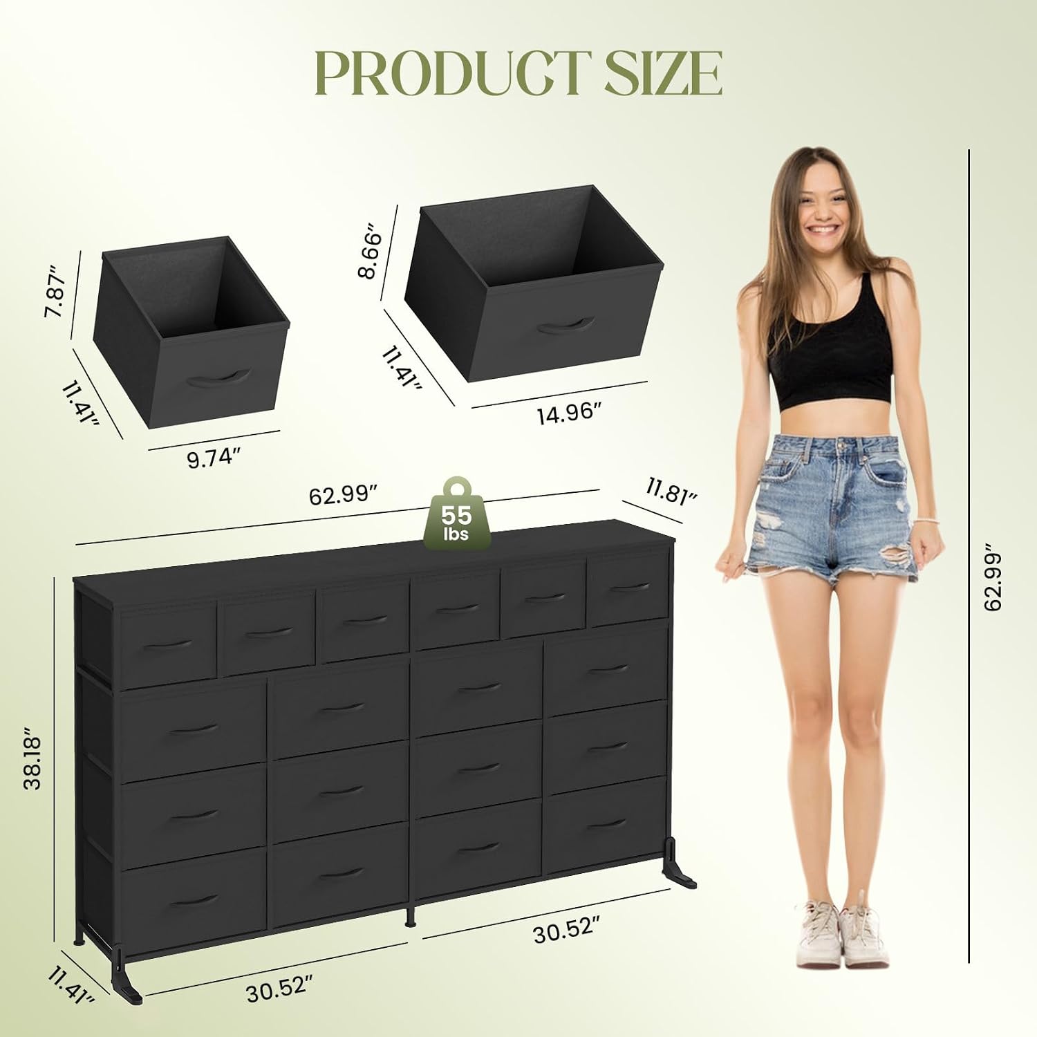 Long Fabric Dresser with 18 Drawers for Bedroom - 18 Drawer Fabric Dresser TV Stand - Large Chest of Drawers for Living Room 
