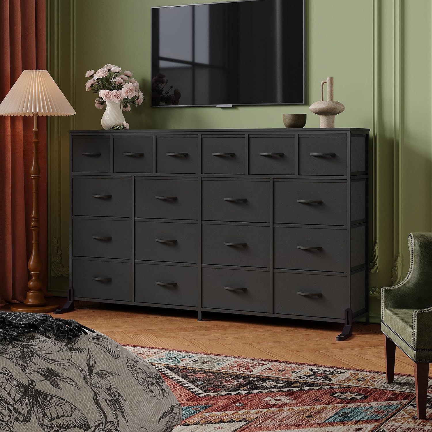 Long Fabric Dresser with 18 Drawers for Bedroom - 18 Drawer Fabric Dresser TV Stand - Large Chest of Drawers for Living Room 