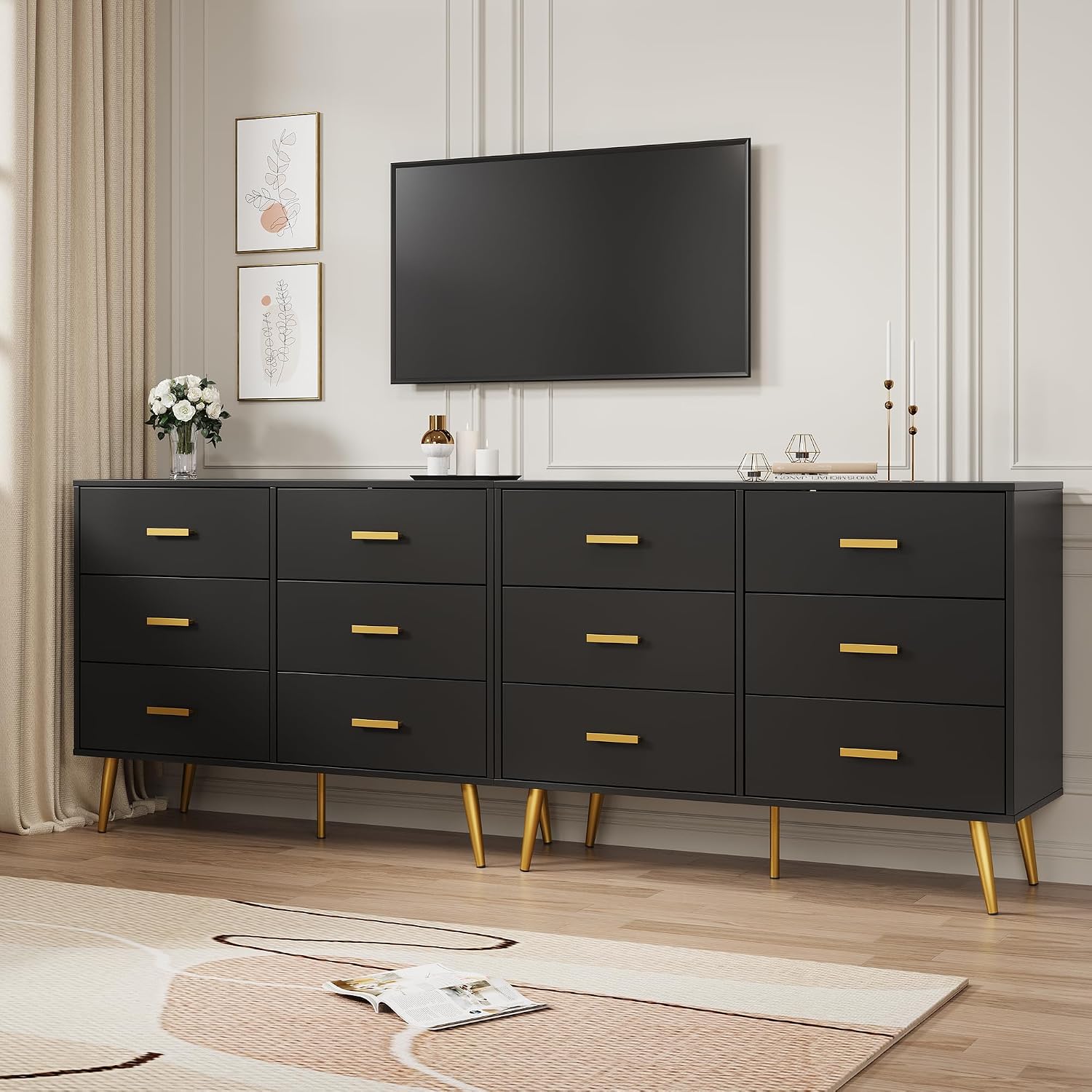 6 Drawer Dresser, Chest of Drawers with Gold Handles, White | Wooden Modern Deep Drawers for Bedroom, Living Room and Entryway 
