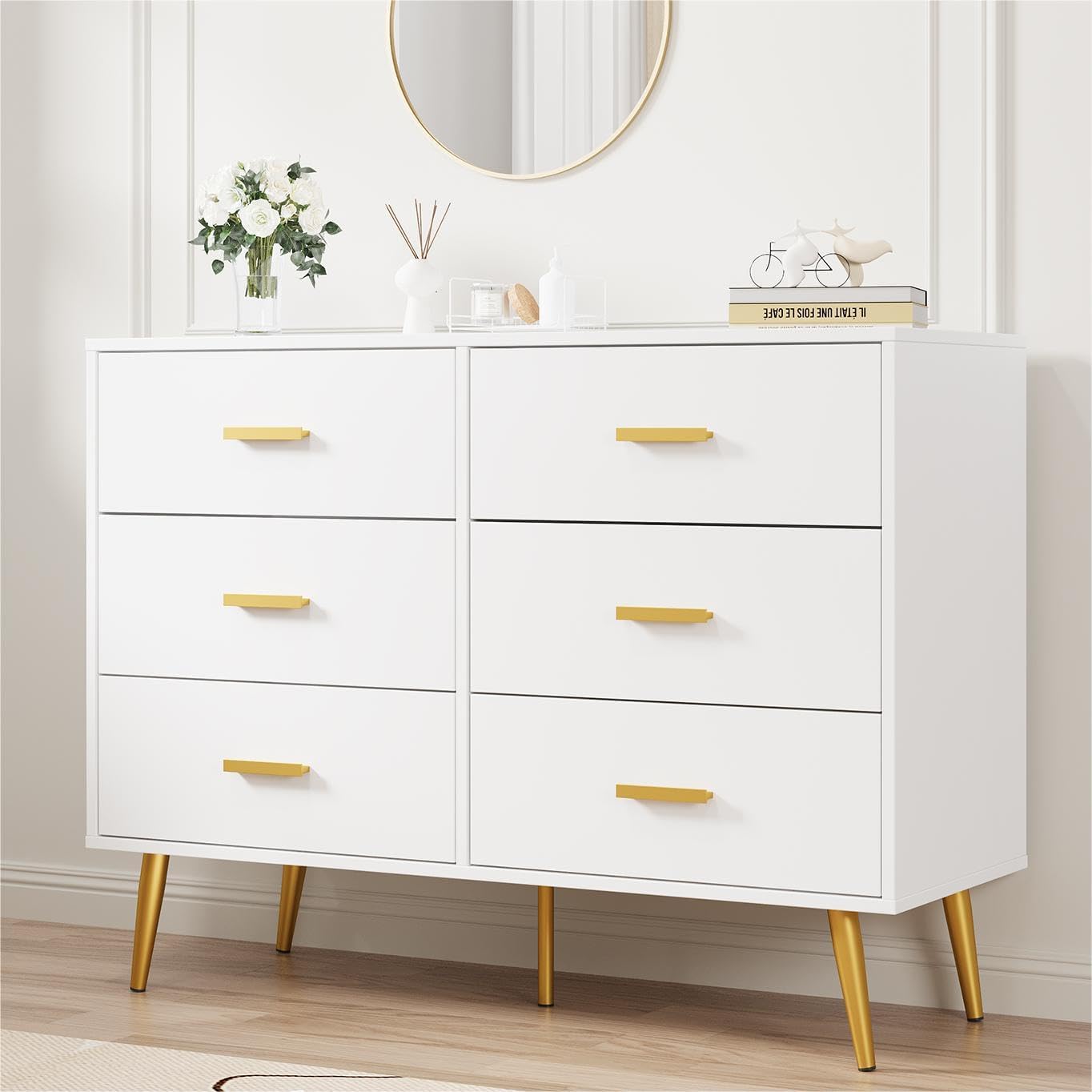 6 Drawer Dresser, Chest of Drawers with Gold Handles, White | Wooden Modern Deep Drawers for Bedroom, Living Room and Entryway 