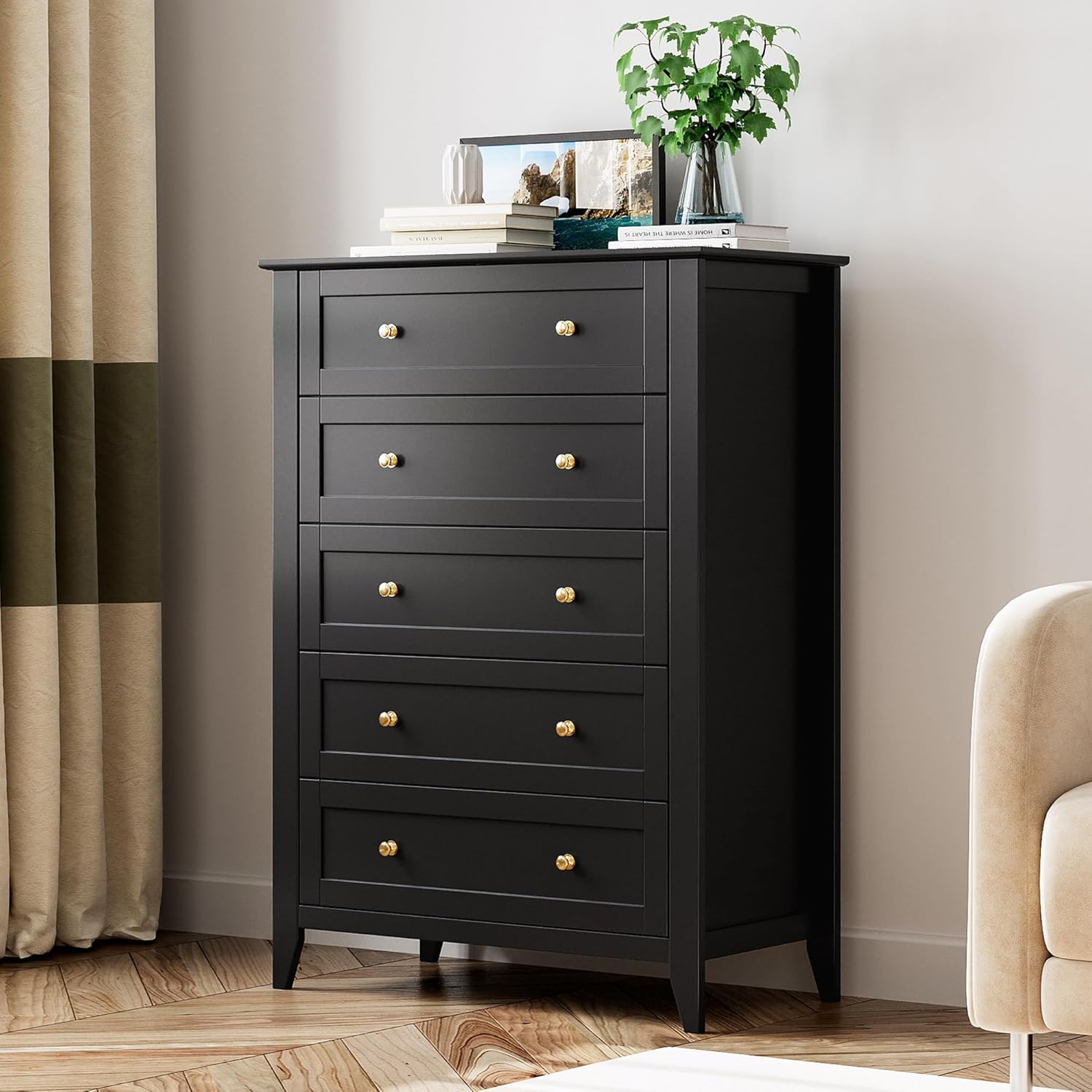 5 Drawer Dresser for Bedroom, Tall Dresser with Deep Drawers & Metal Knobs, Modern Wooden Chests of Drawers for Entryway, Hallway 