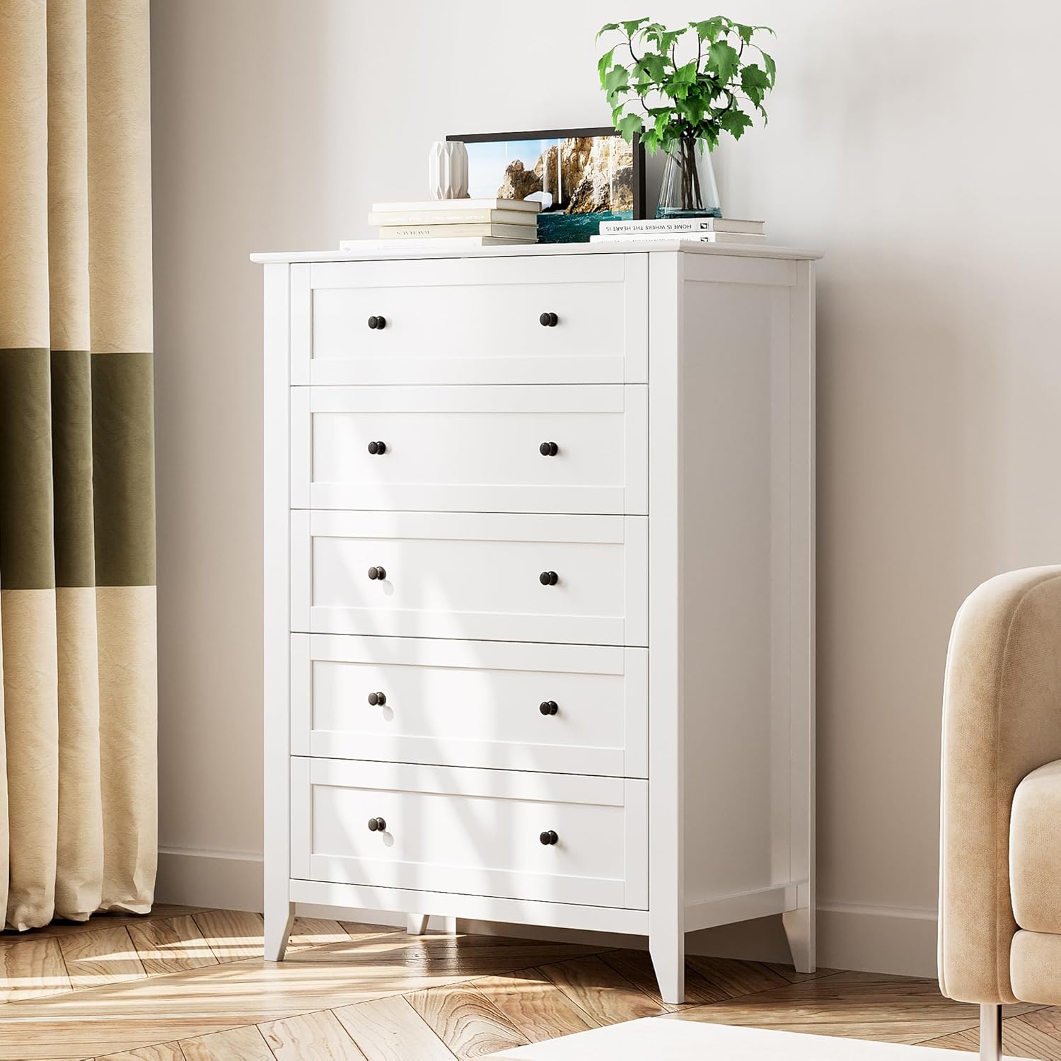 5 Drawer Dresser for Bedroom, Tall Dresser with Deep Drawers & Metal Knobs, Modern Wooden Chests of Drawers for Entryway, Hallway 
