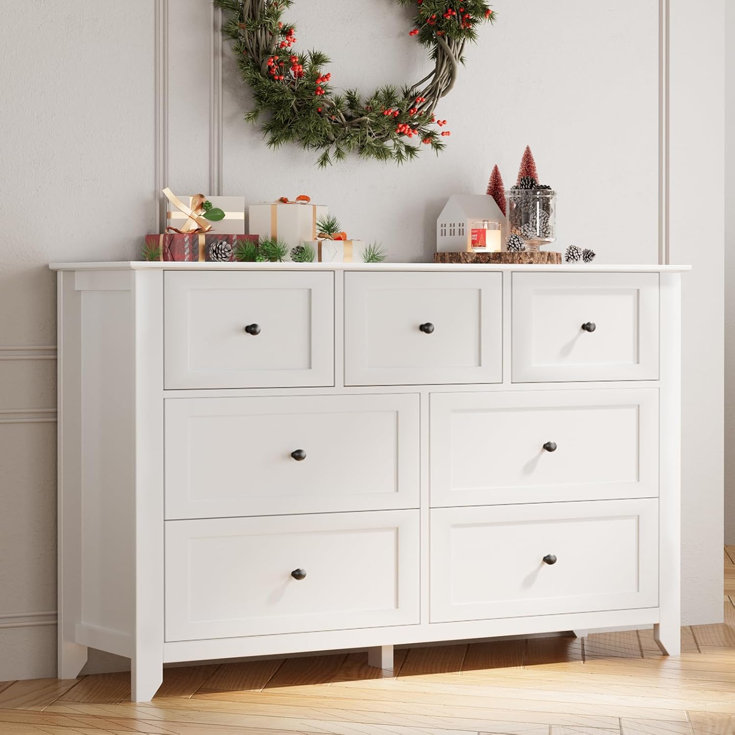 7 Chest of Drawers for Bedroom, 54''L Drawer Dresser, White | Simply 7 Drawer Dresser for Hallway Entryway, 15.8"D x 54"W x 31.5"H, Lacquered Storage Organizer for Living Room 