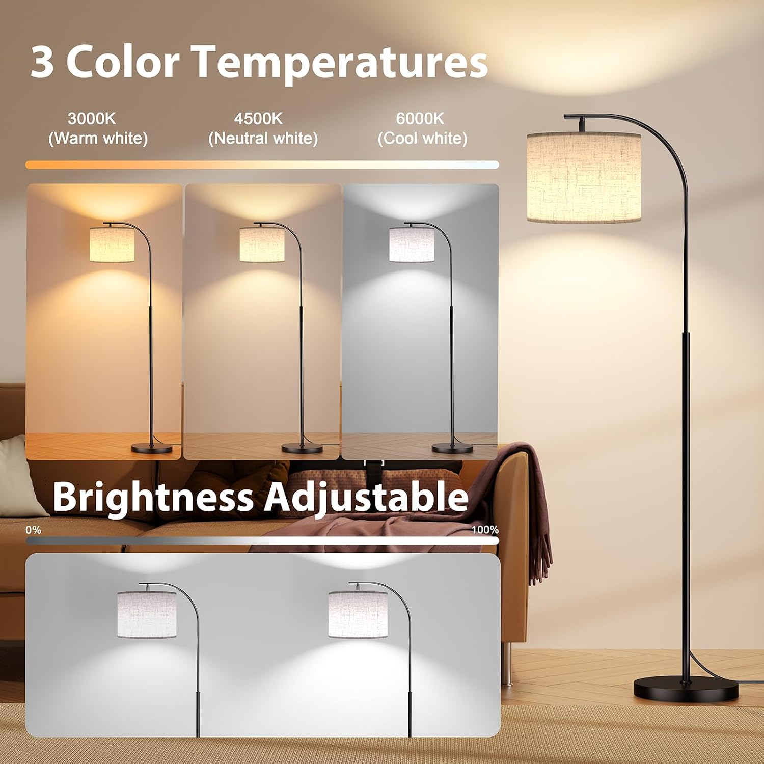 Floor Lamp with Linen Shade, Arc Dimmable Tall Standing Lamp with Remote Control