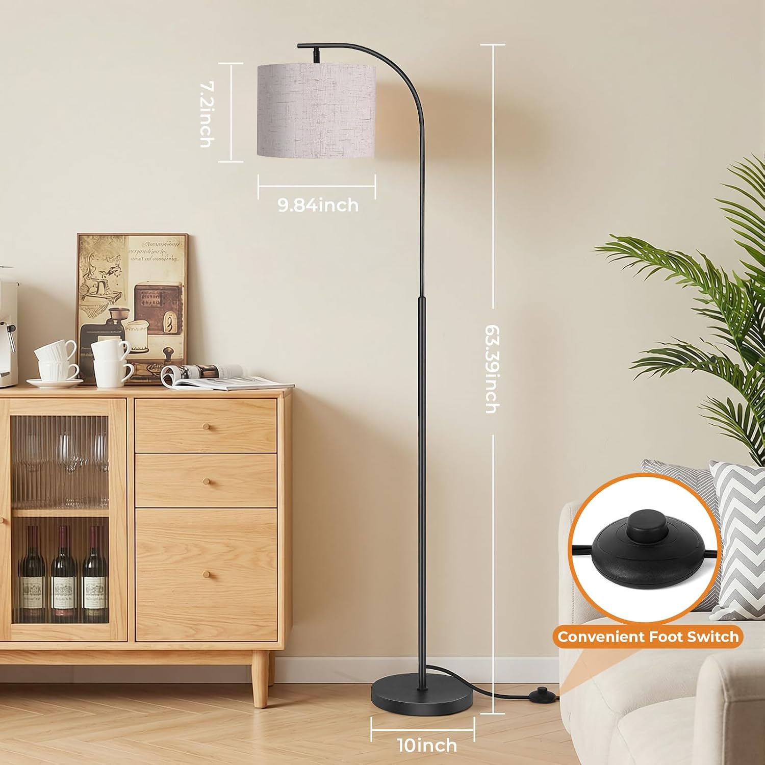 Floor Lamp with Linen Shade, Arc Dimmable Tall Standing Lamp with Remote Control