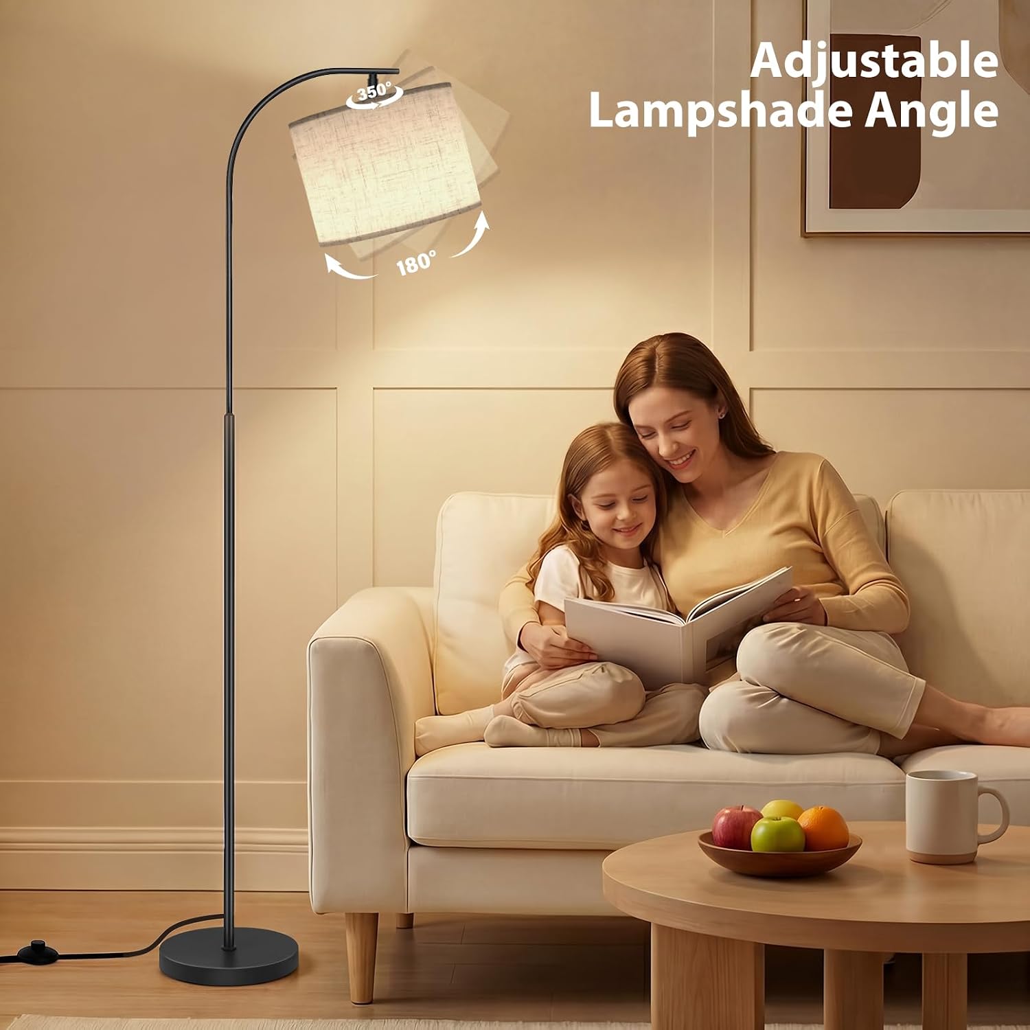 Floor Lamp with Linen Shade, Arc Dimmable Tall Standing Lamp with Remote Control