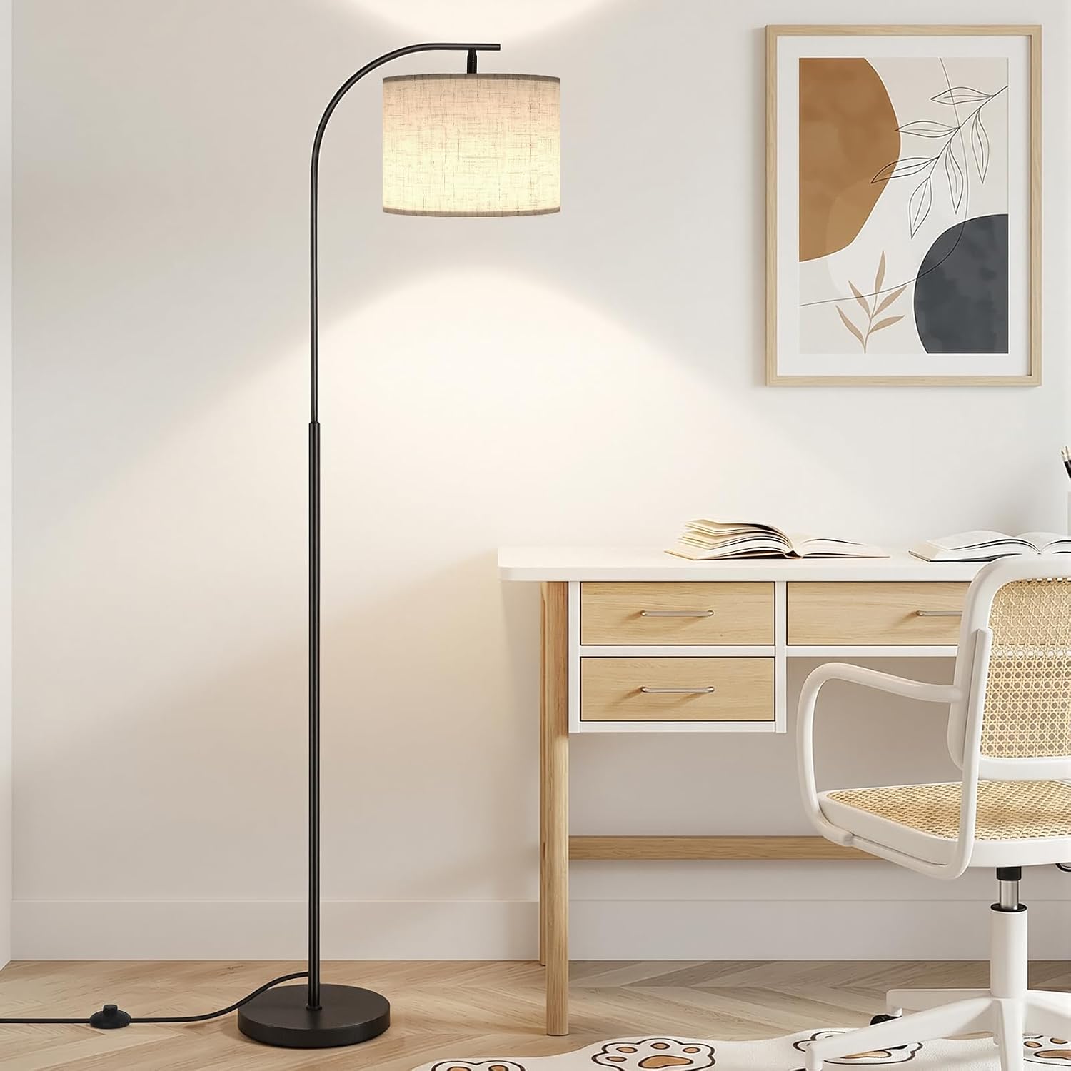Floor Lamp with Linen Shade, Arc Dimmable Tall Standing Lamp with Remote Control