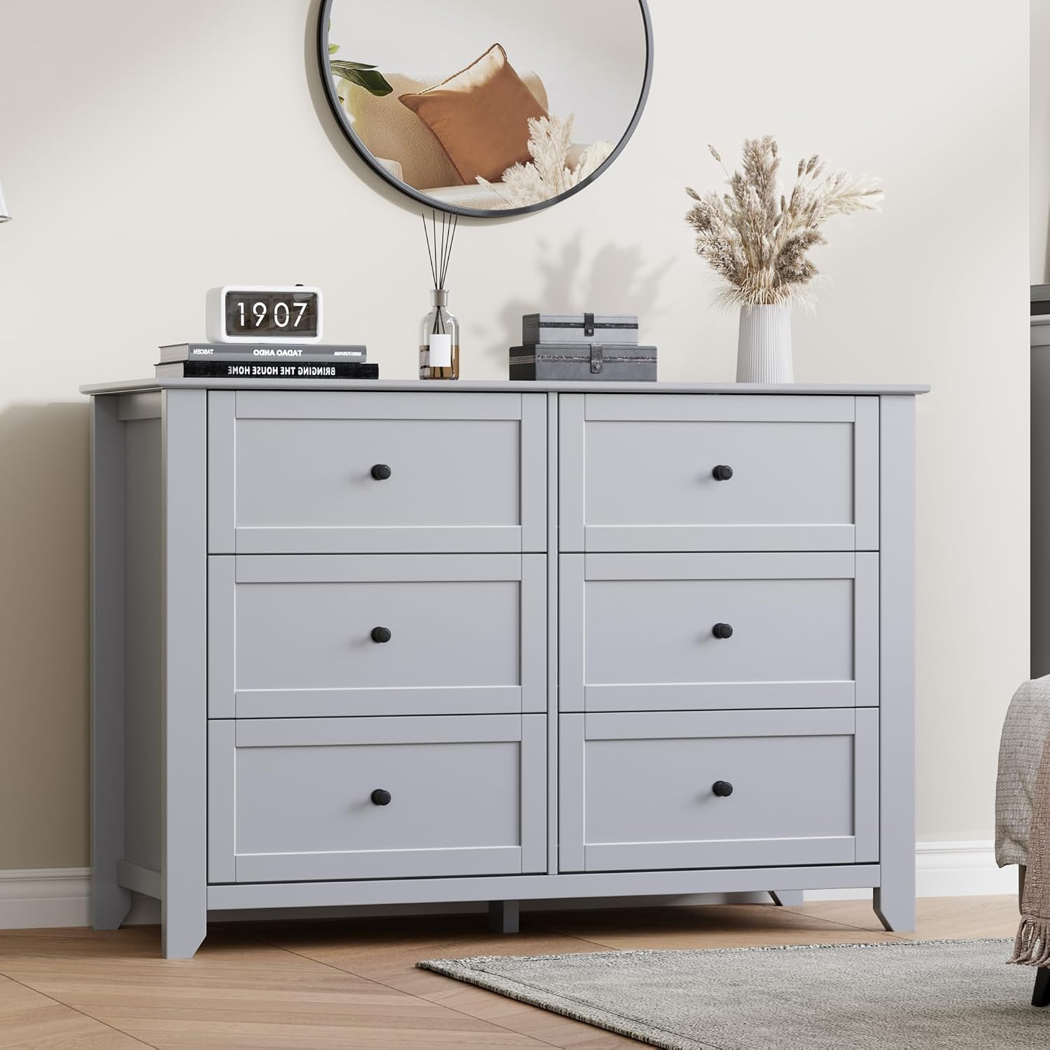 6 Drawer Dresser for Bedroom, Large Dresser with Deep Drawers & Metal Knobs, Modern Wooden Chests of Drawers for Entryway, Hallway 
