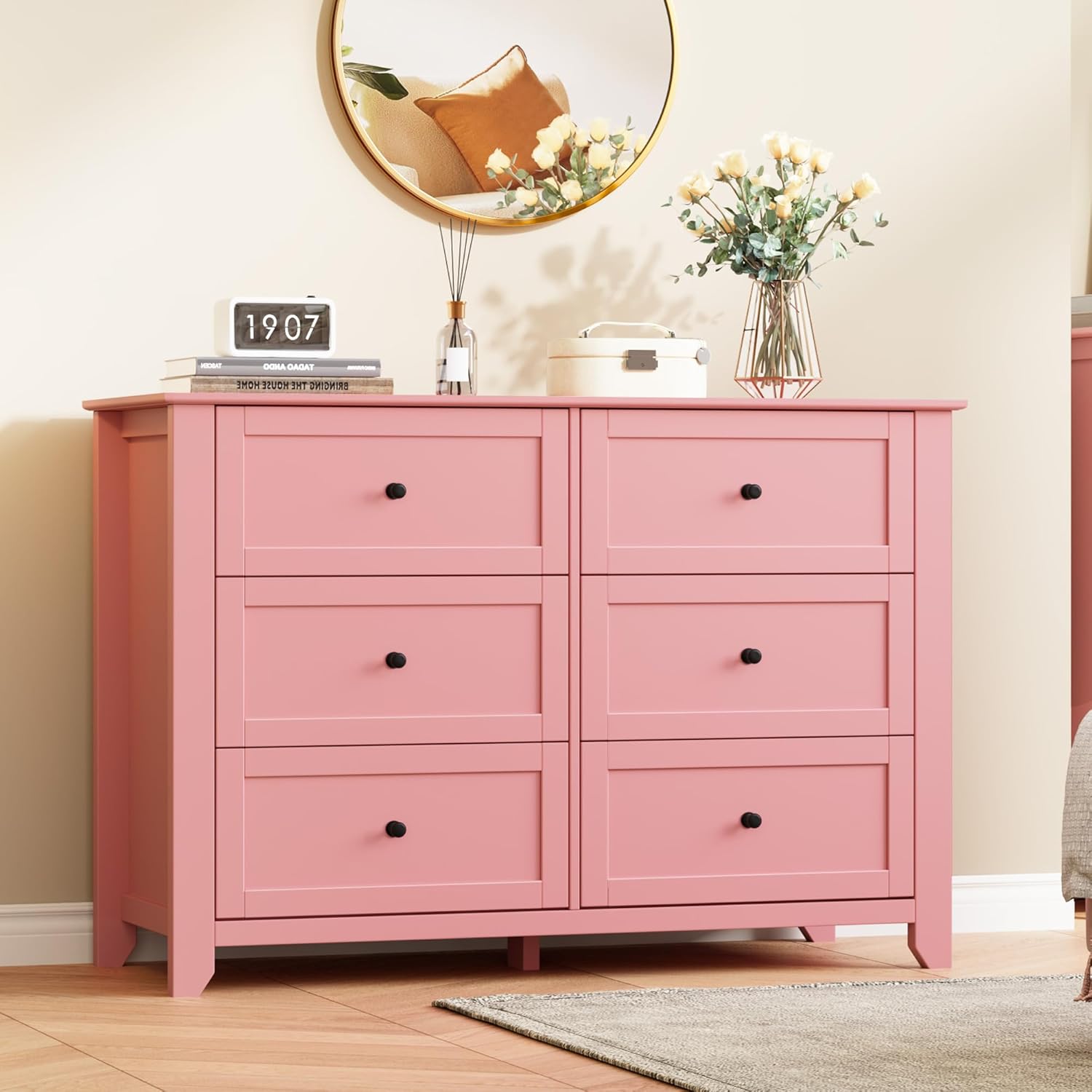 6 Drawer Dresser for Bedroom, Large Dresser with Deep Drawers & Metal Knobs, Modern Wooden Chests of Drawers for Entryway, Hallway 