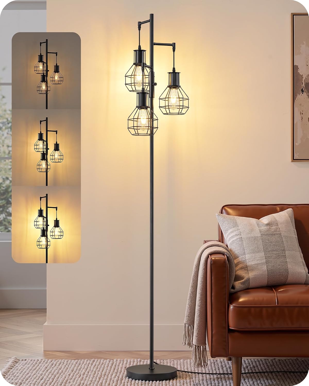 Industrial Floor Lamps for Living Room, Dimmable with 3 LED Bulbs