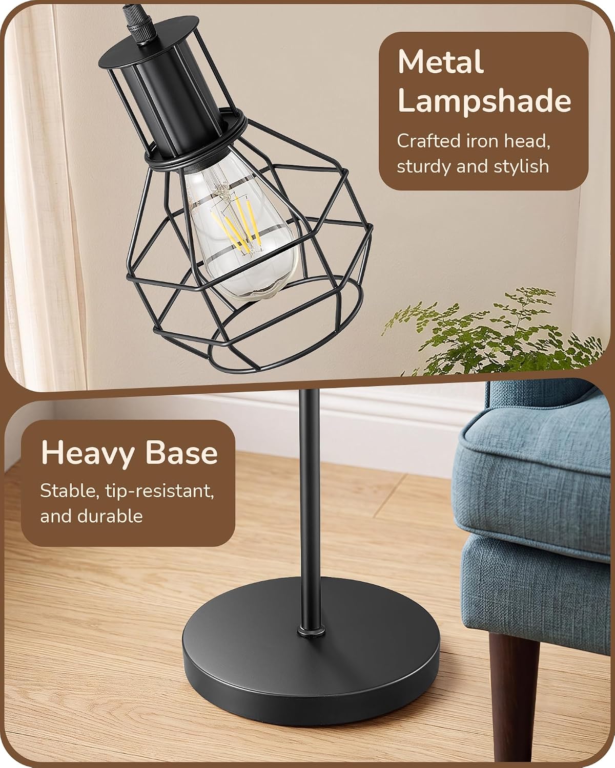 Industrial Floor Lamps for Living Room, Dimmable with 3 LED Bulbs