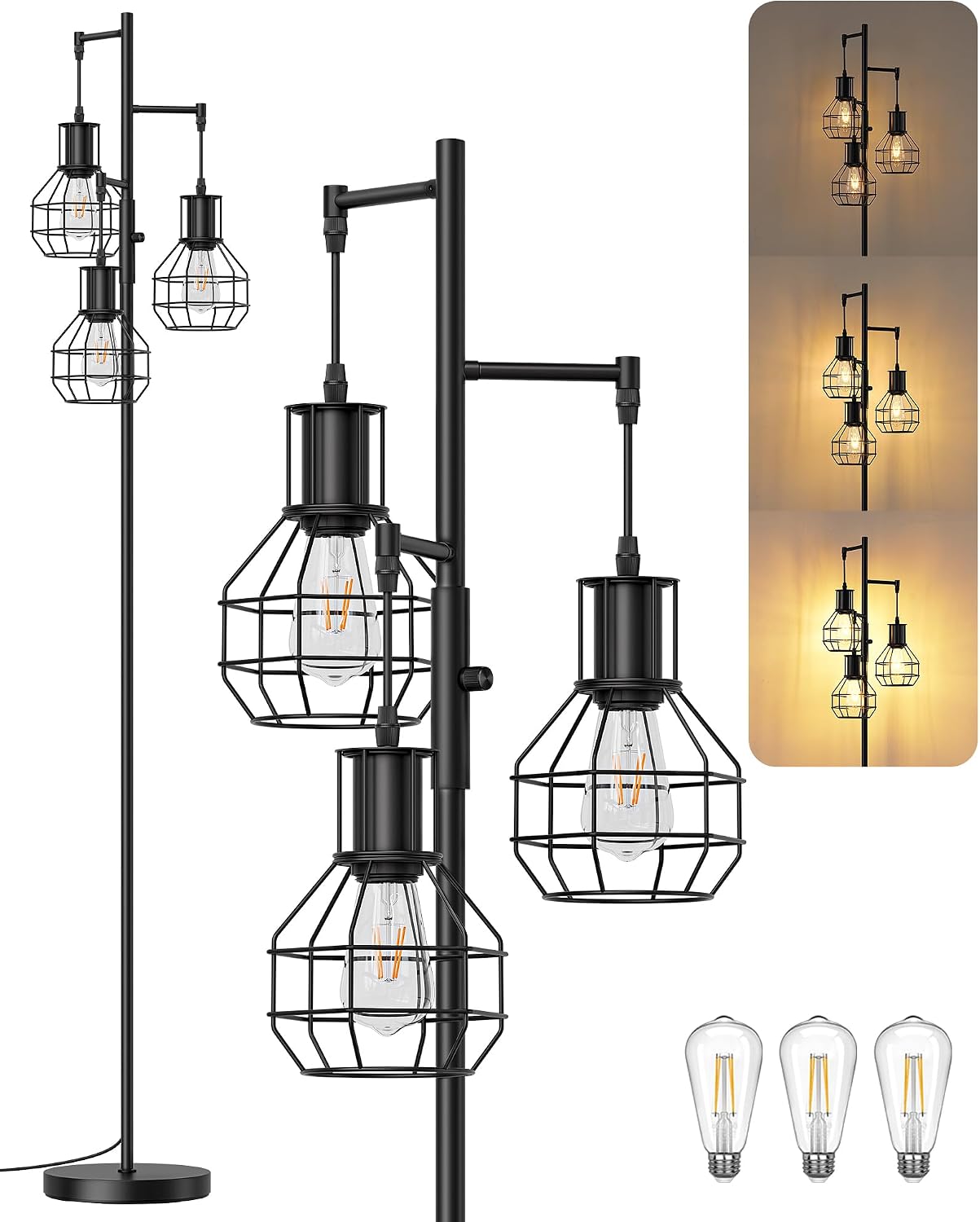 Industrial Floor Lamps for Living Room, Dimmable with 3 LED Bulbs
