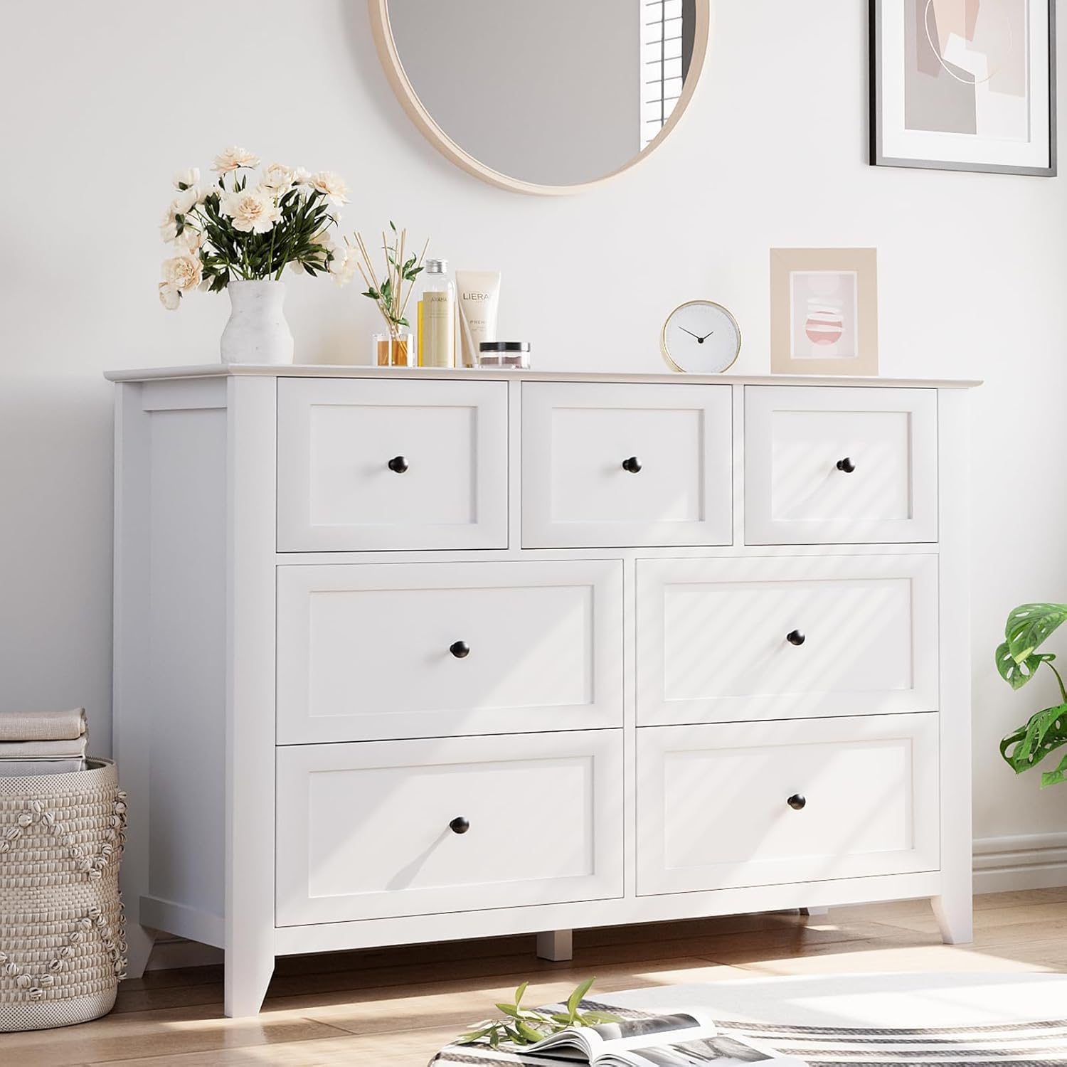 7 Chest of Drawers for Bedroom, 54''L Drawer Dresser, White | Simply 7 Drawer Dresser for Hallway Entryway, 15.8"D x 54"W x 31.5"H, Lacquered Storage Organizer for Living Room 