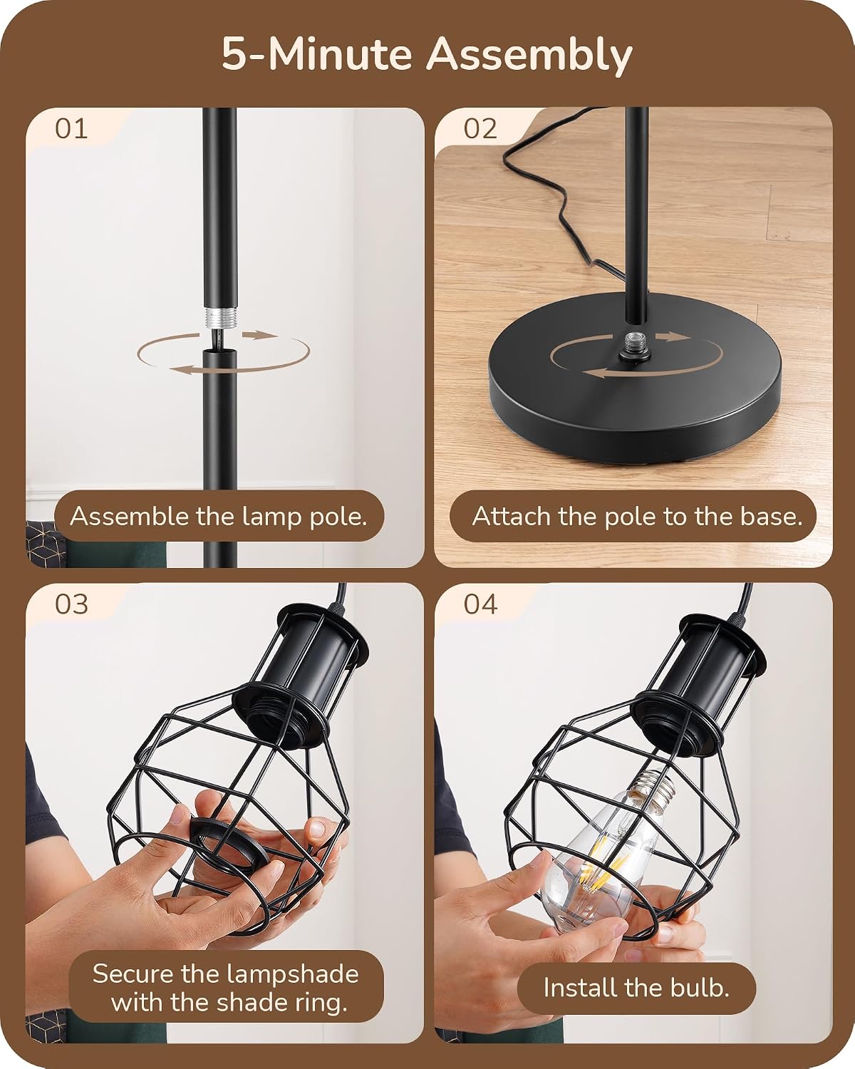 Industrial Floor Lamps for Living Room, Dimmable with 3 LED Bulbs
