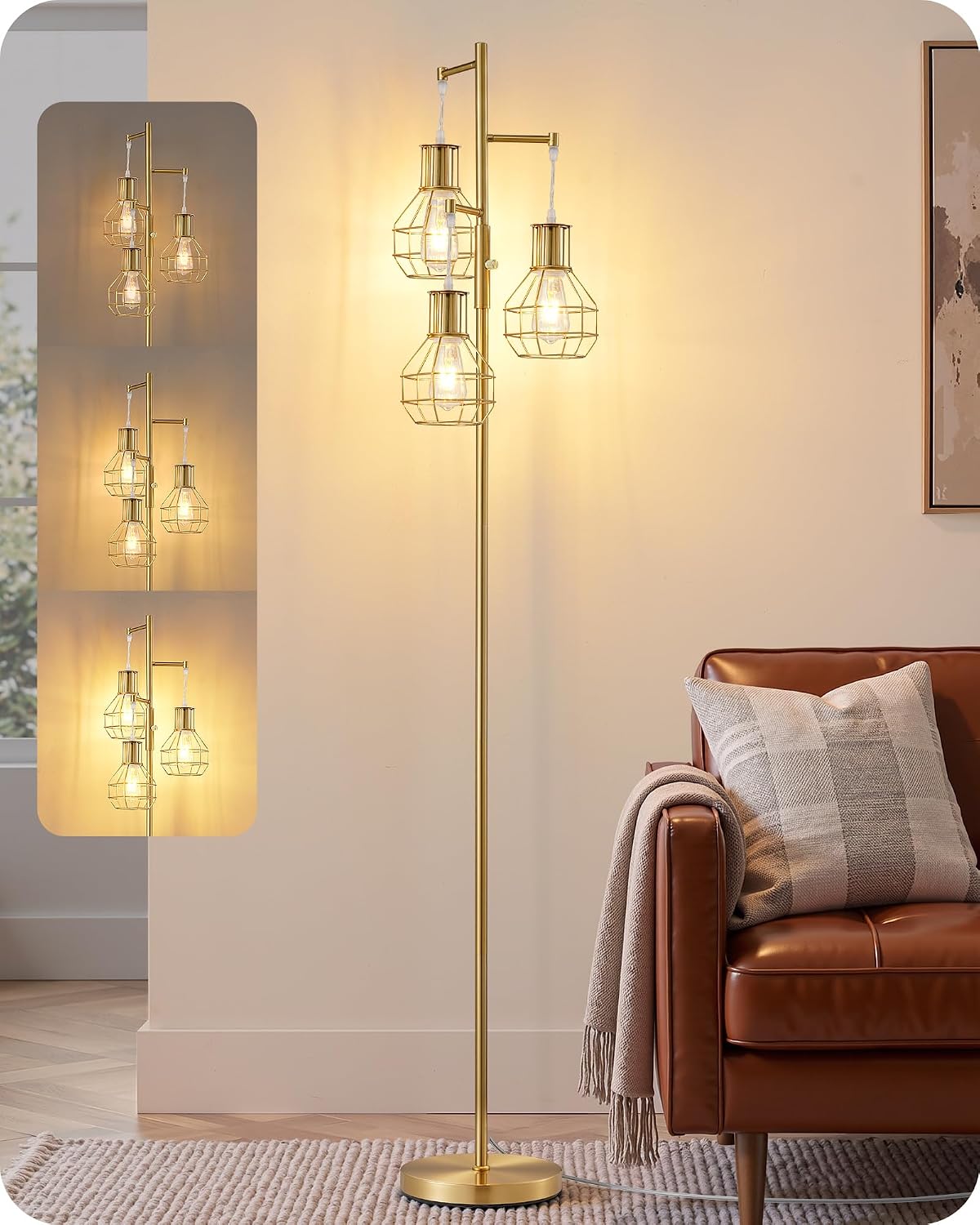 Industrial Floor Lamps for Living Room, Dimmable with 3 LED Bulbs