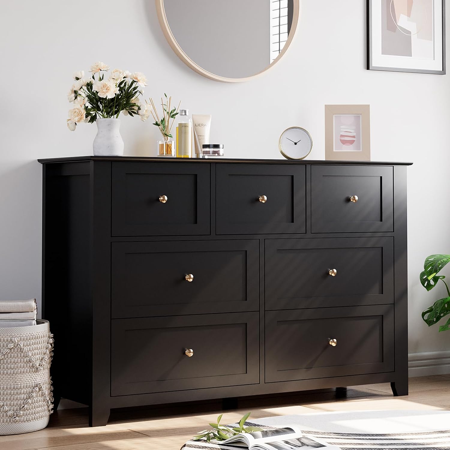 7 Chest of Drawers for Bedroom, 54''L Drawer Dresser, White | Simply 7 Drawer Dresser for Hallway Entryway, 15.8"D x 54"W x 31.5"H, Lacquered Storage Organizer for Living Room 