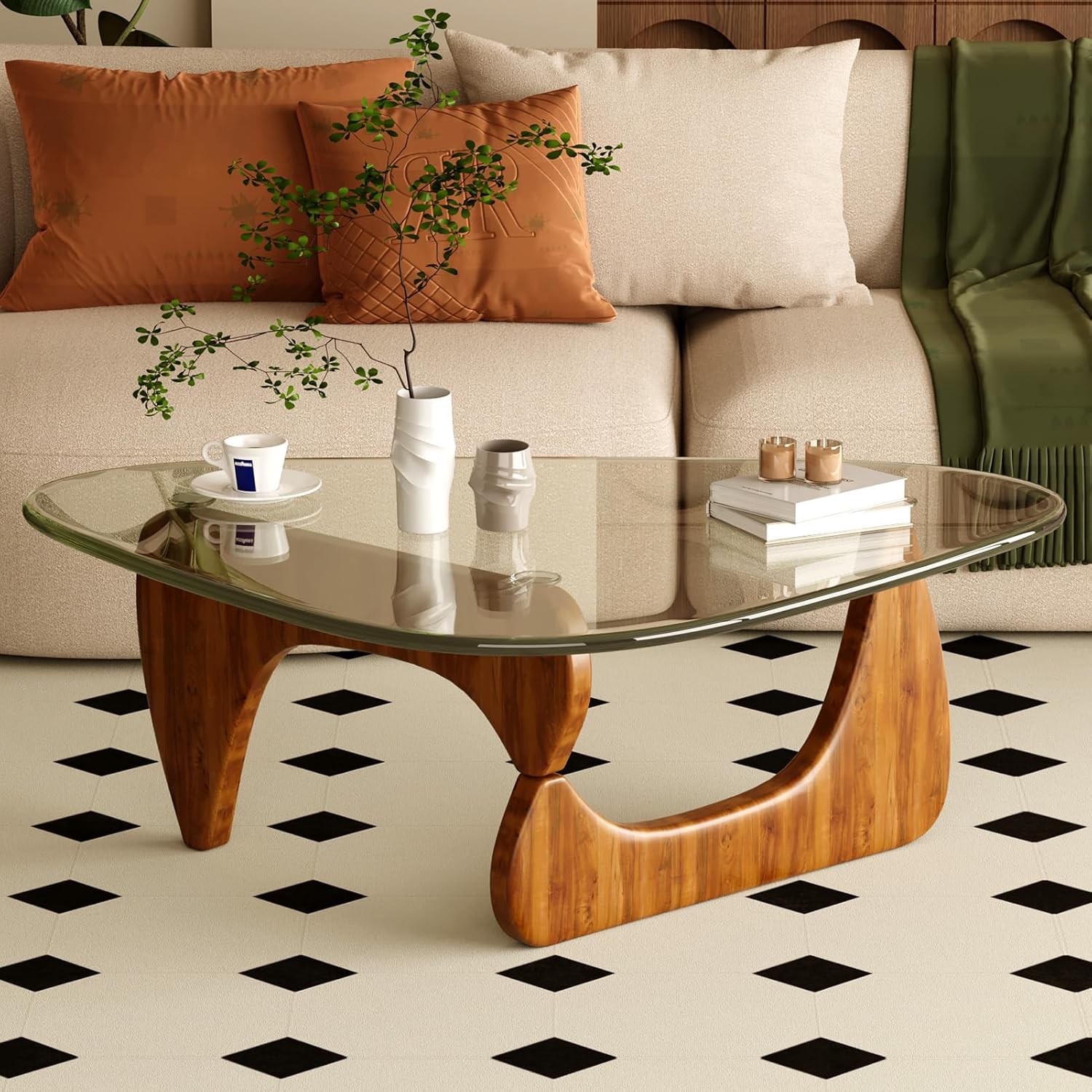 Coffee Table for Living Room Mid Century Modern Center Table with Glass Top and Wood
