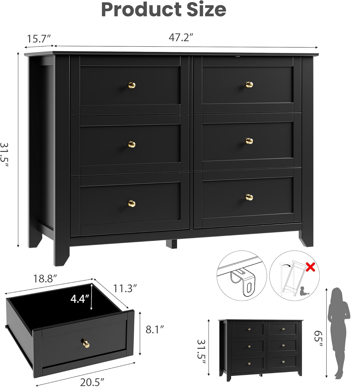6 Drawer Dresser for Bedroom, Large Dresser with Deep Drawers & Metal Knobs, Modern Wooden Chests of Drawers for Entryway, Hallway 