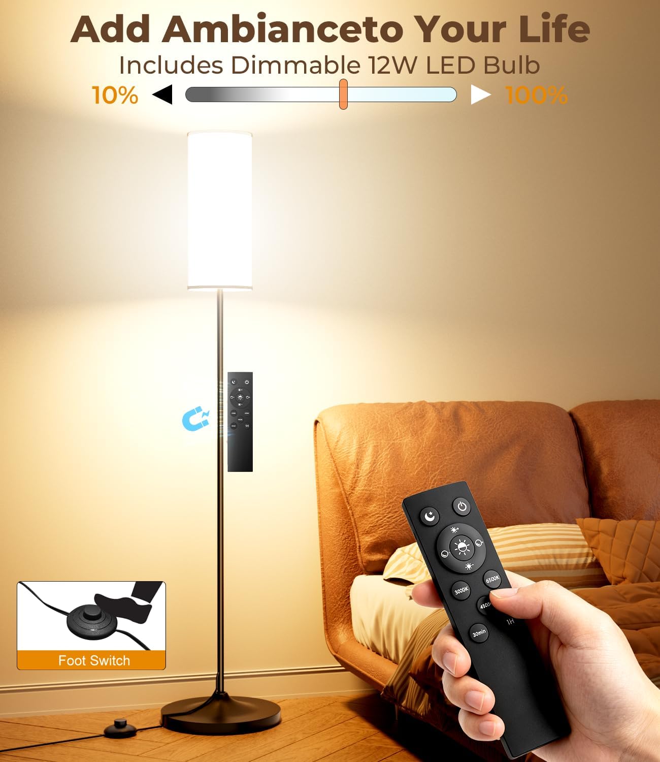 Dimmable Floor Lamp with Remote,12W Led Bulb and Foot Switch