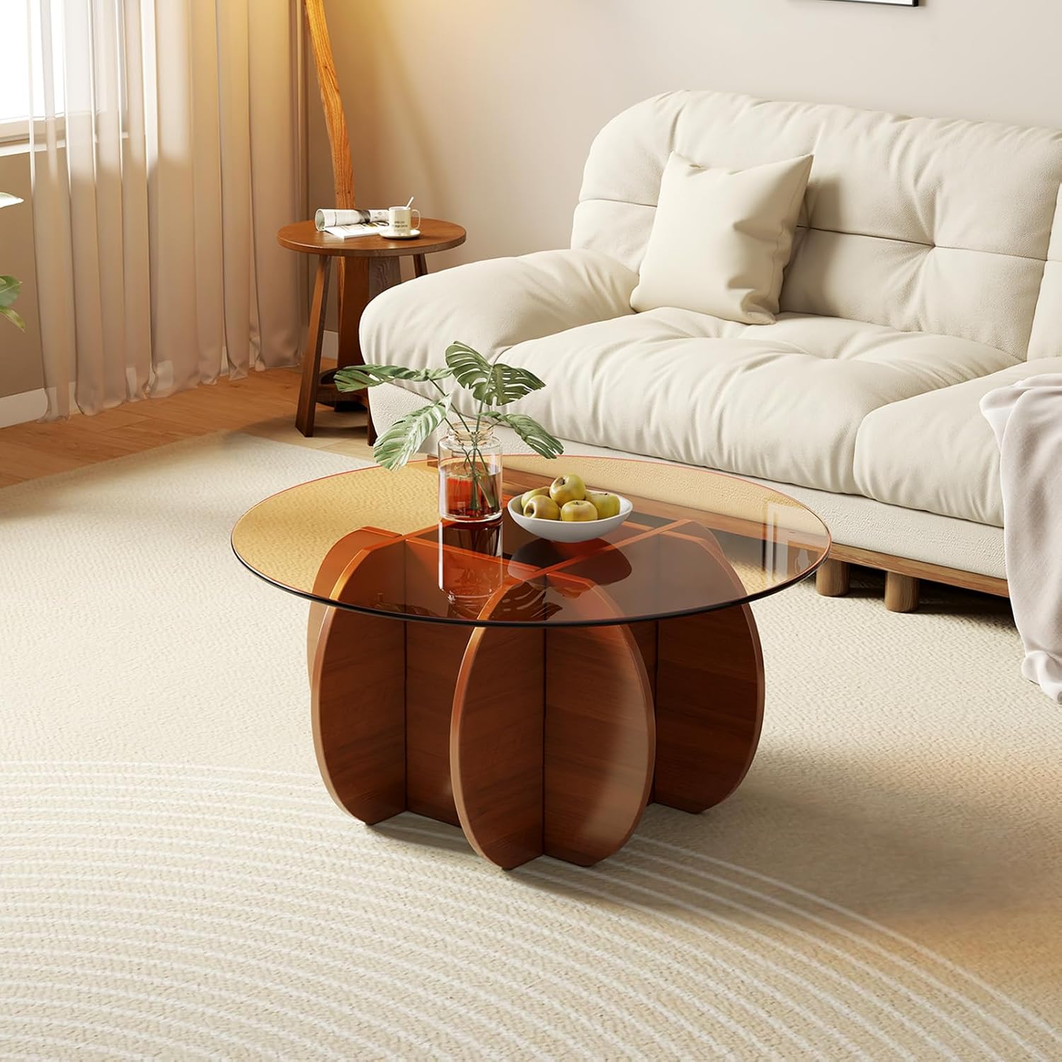 Coffee Table for Living Room Mid Century Modern Round Center Table with Glass Top and Wood