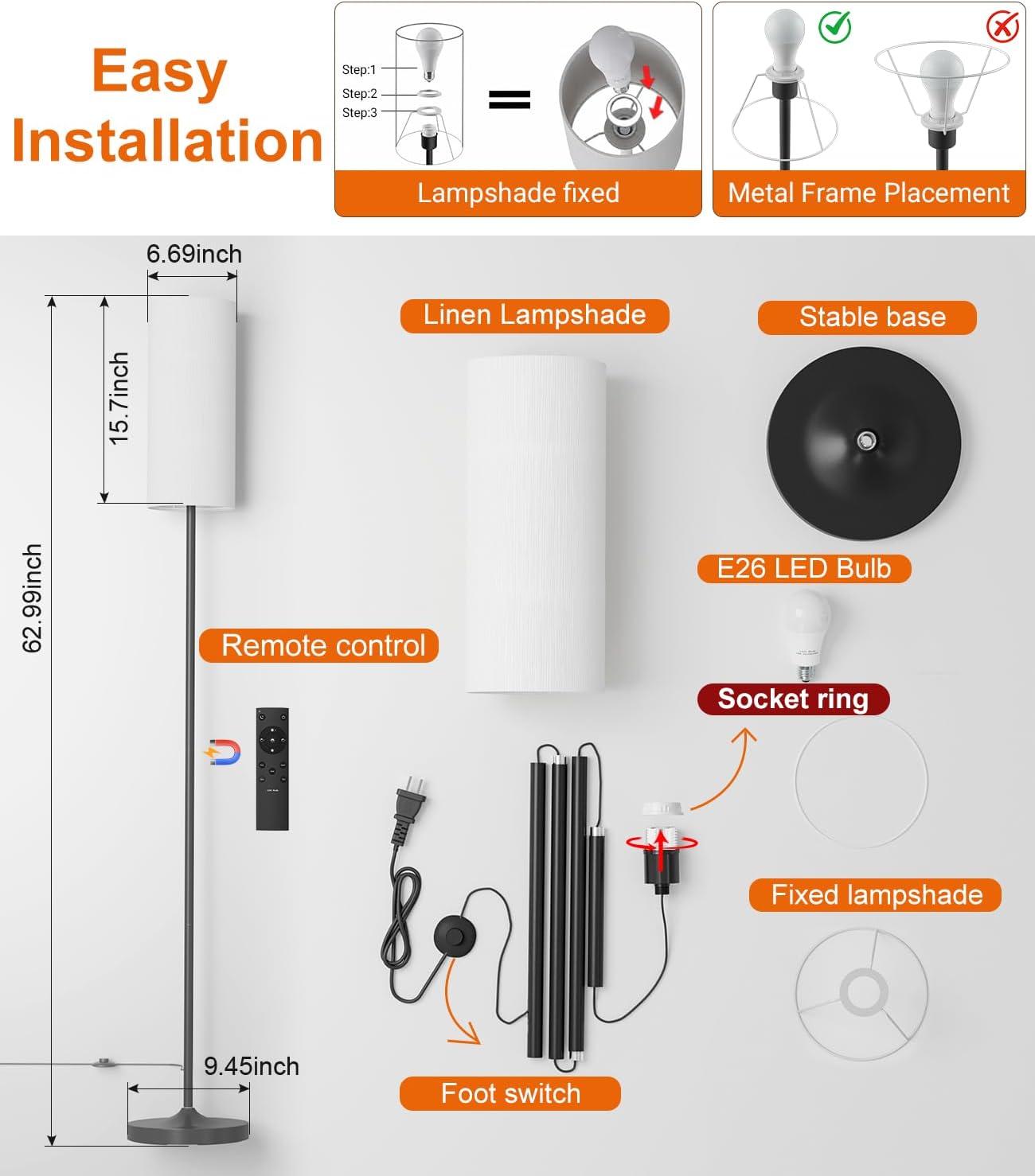 Dimmable Floor Lamp with Remote,12W Led Bulb and Foot Switch