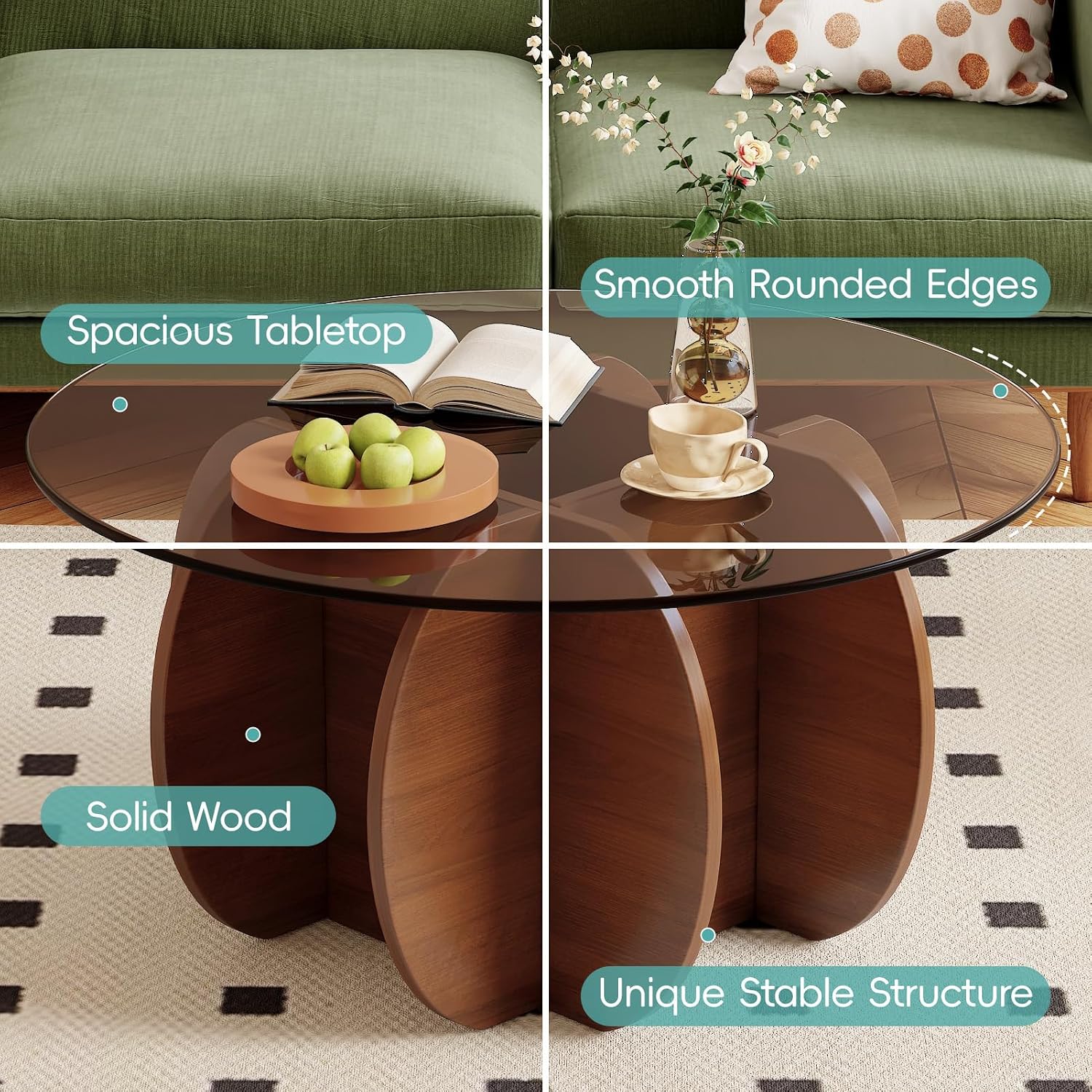 Coffee Table for Living Room Mid Century Modern Round Center Table with Glass Top and Wood