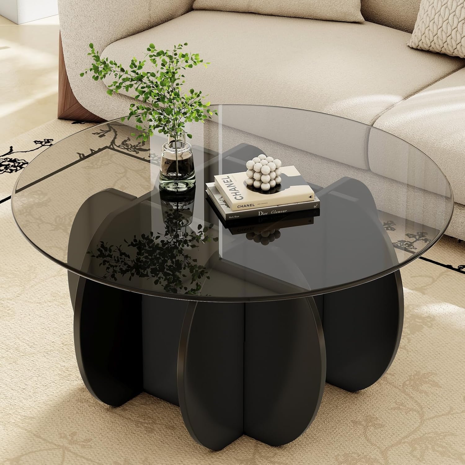 Coffee Table for Living Room Mid Century Modern Round Center Table with Glass Top and Wood