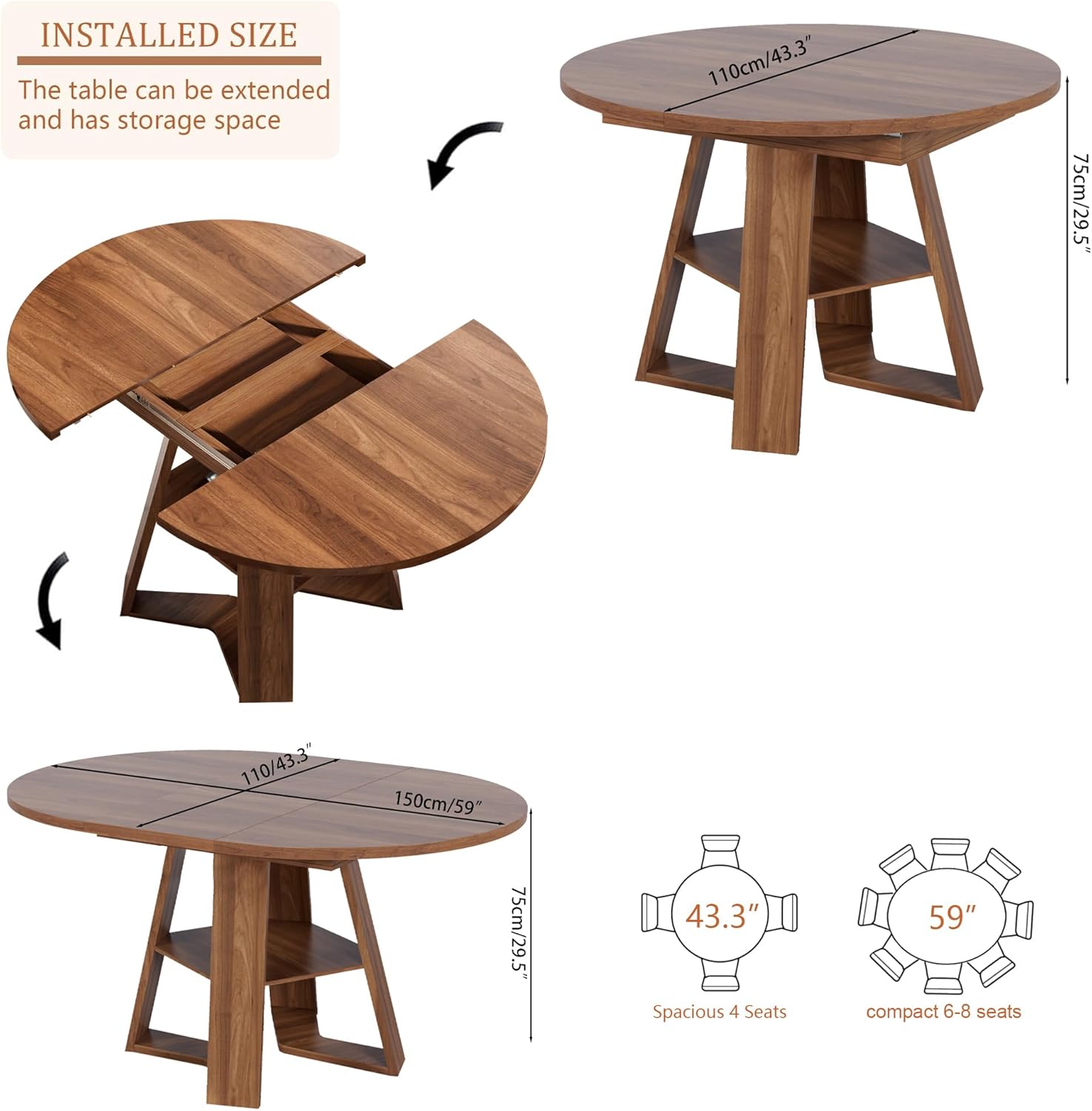 43.3in-59in Extendable Round Dining Table for 4-6,Modern Kitchen Oval Dining Table