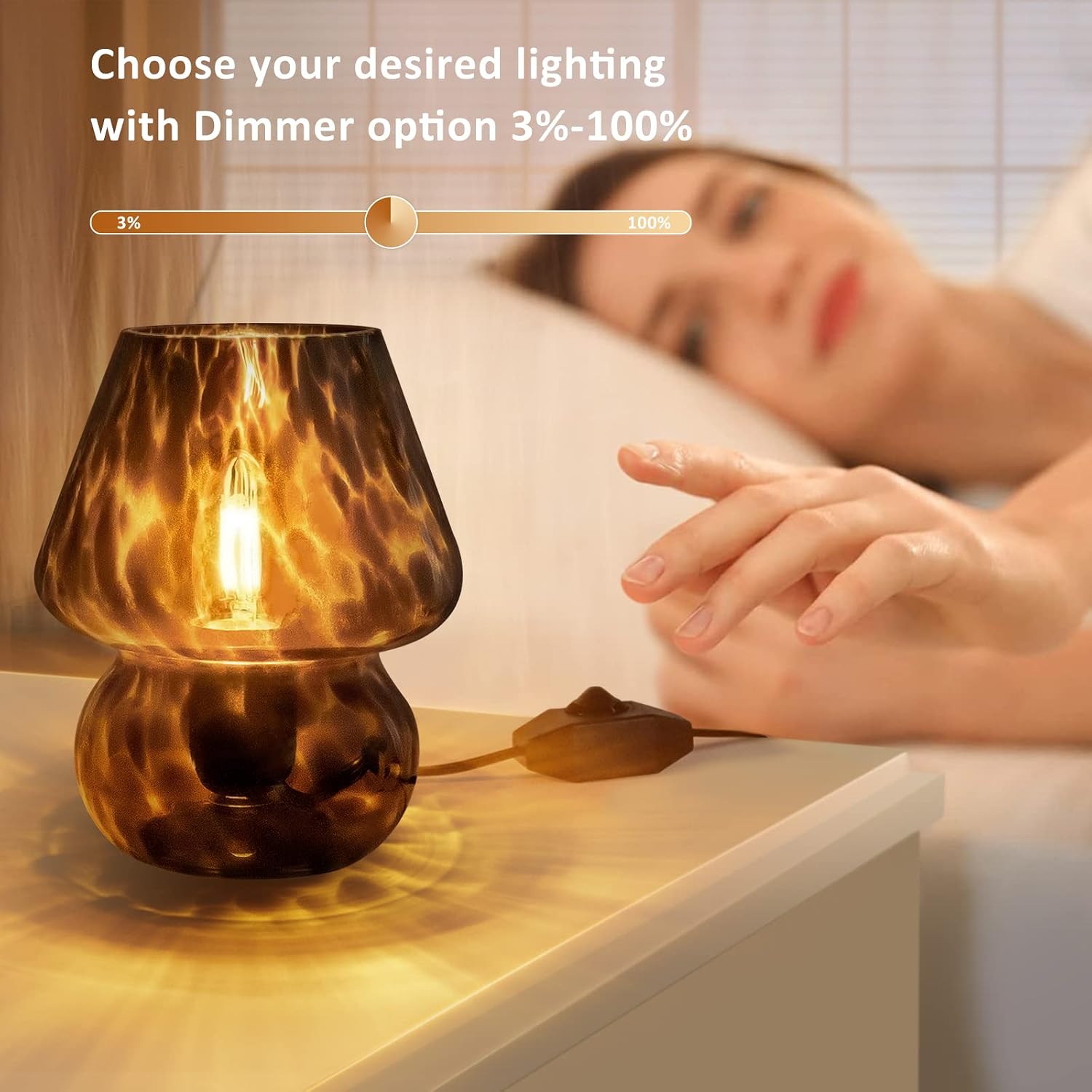 Mushroom Lamp Small Vintage Table Lamp for Bedroom Nightstand, Bedside Lamp Translucent Glass Stepless Dimmable
