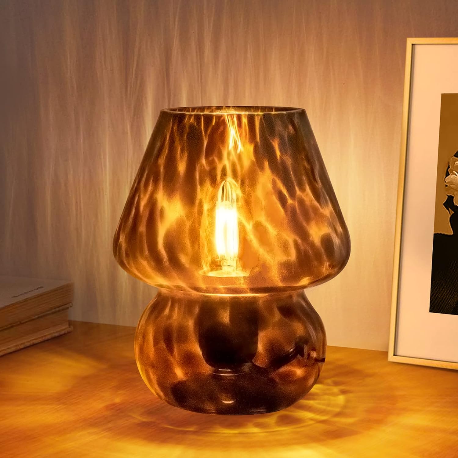 Mushroom Lamp Small Vintage Table Lamp for Bedroom Nightstand, Bedside Lamp Translucent Glass Stepless Dimmable