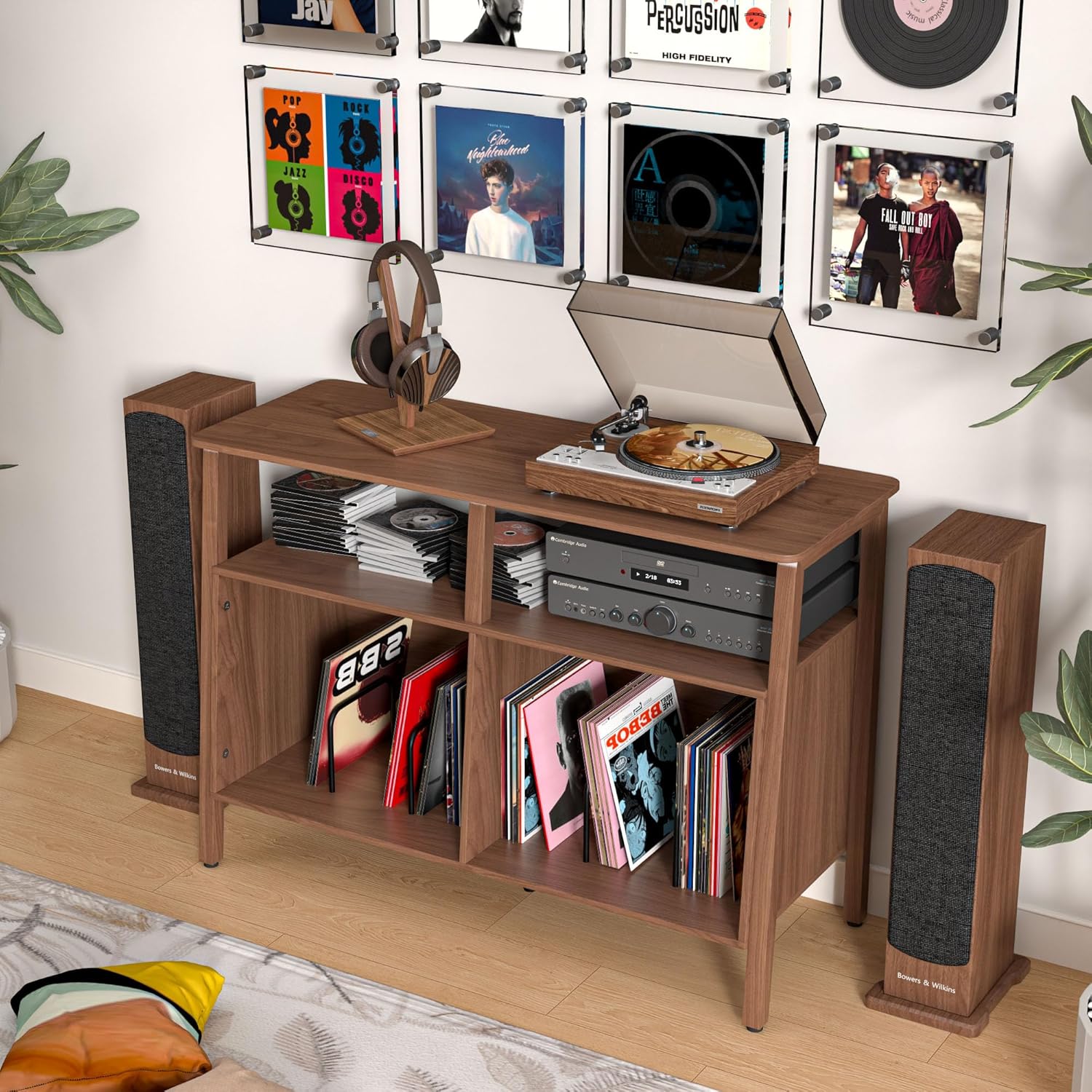 Large Record Player Stand, Mid Century Turntable Stand Table with Open Storage Holds up to 300 Albums