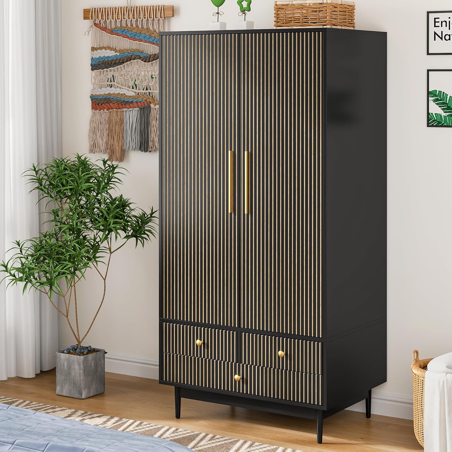 Armoire Wardrobe Closet with 2 Fluted Doors, 64.96" Wooden Clothes Storage Cabinet with Hanging Rod and Shelf Storage