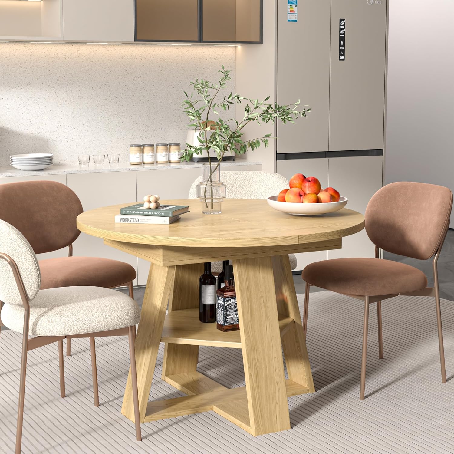 43.3in-59in Extendable Round Dining Table for 4-8,Modern Kitchen Oval Dining Table with Removable Leaves Space Saving