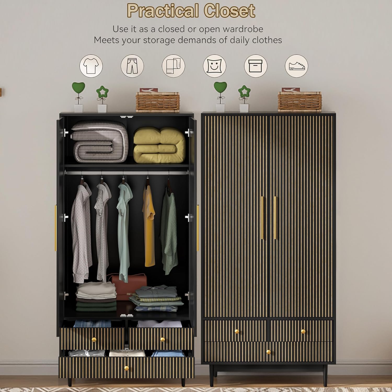 Armoire Wardrobe Closet with 2 Fluted Doors, 64.96" Wooden Clothes Storage Cabinet with Hanging Rod and Shelf Storage