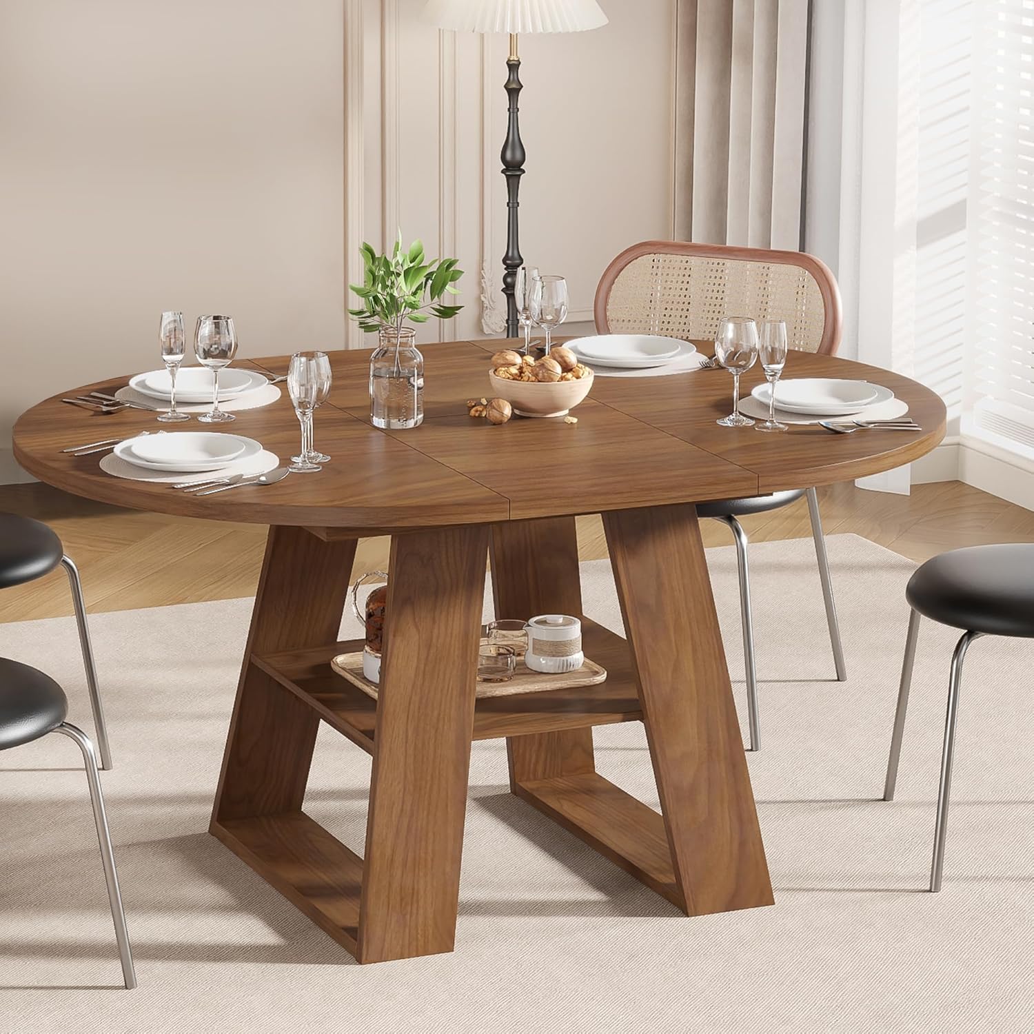 43.3in-59in Extendable Round Dining Table for 2-8,Modern Kitchen Oval Dining Table with Removable Leaves Space Saving