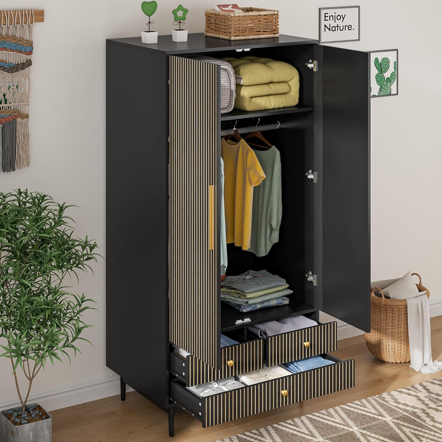 Armoire Wardrobe Closet with 2 Fluted Doors, 64.96" Wooden Clothes Storage Cabinet with Hanging Rod and Shelf Storage