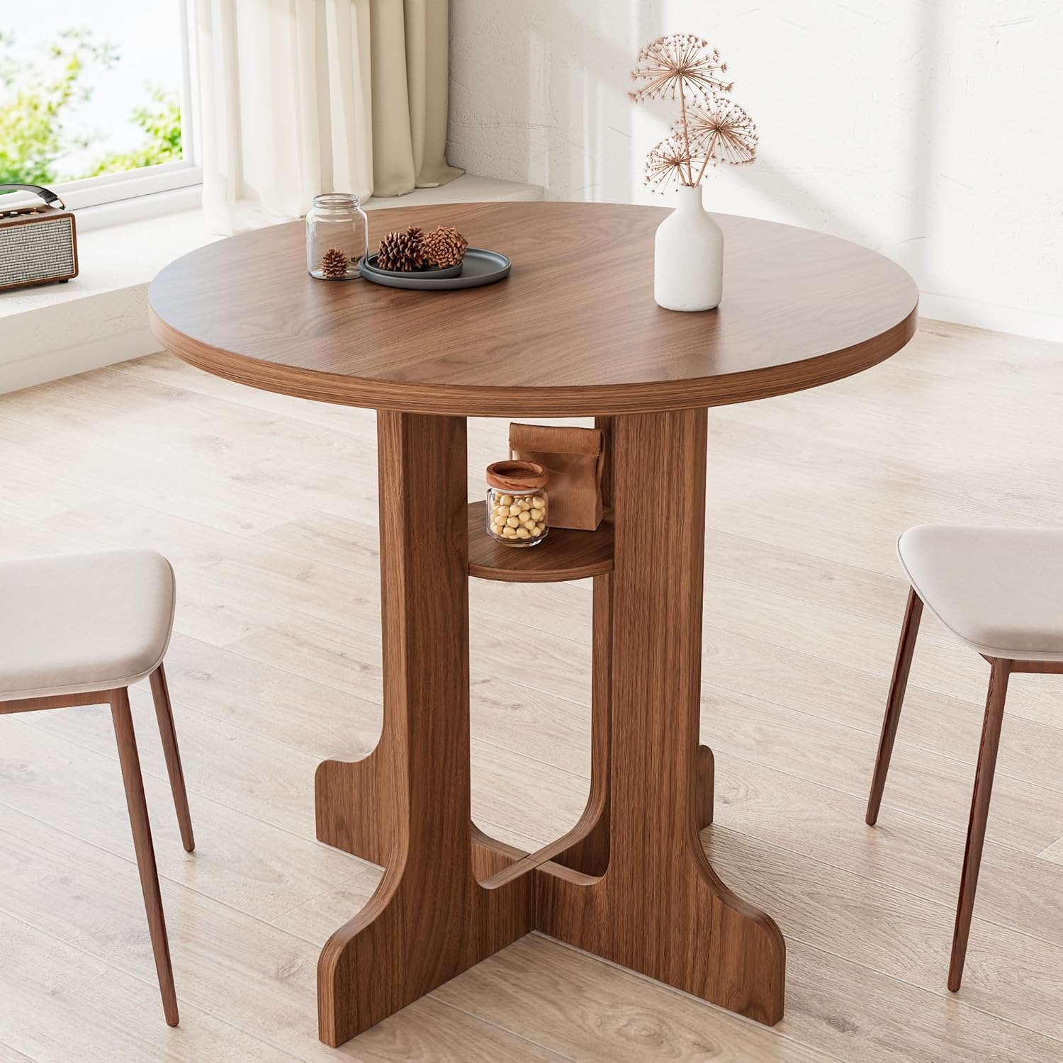 31.5 Inch Round Dining Table, Modern Small Kitchen Table for 2-4, Wooden Dining Room Table Base with Storage Shelf