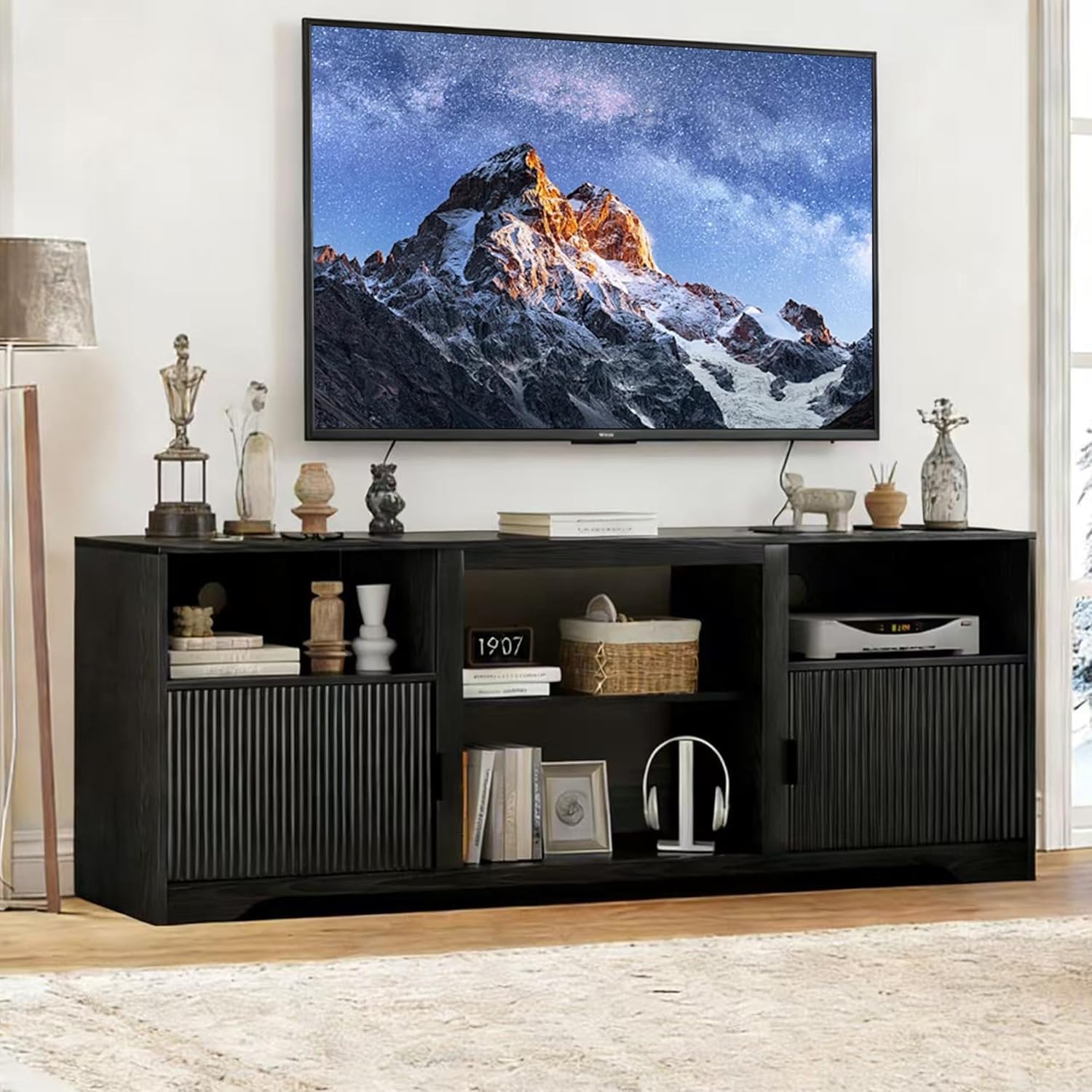 Fluted TV Stand for Tvs up to 80",Mid Century Modern TV Stand with Open Adjustable Shelf