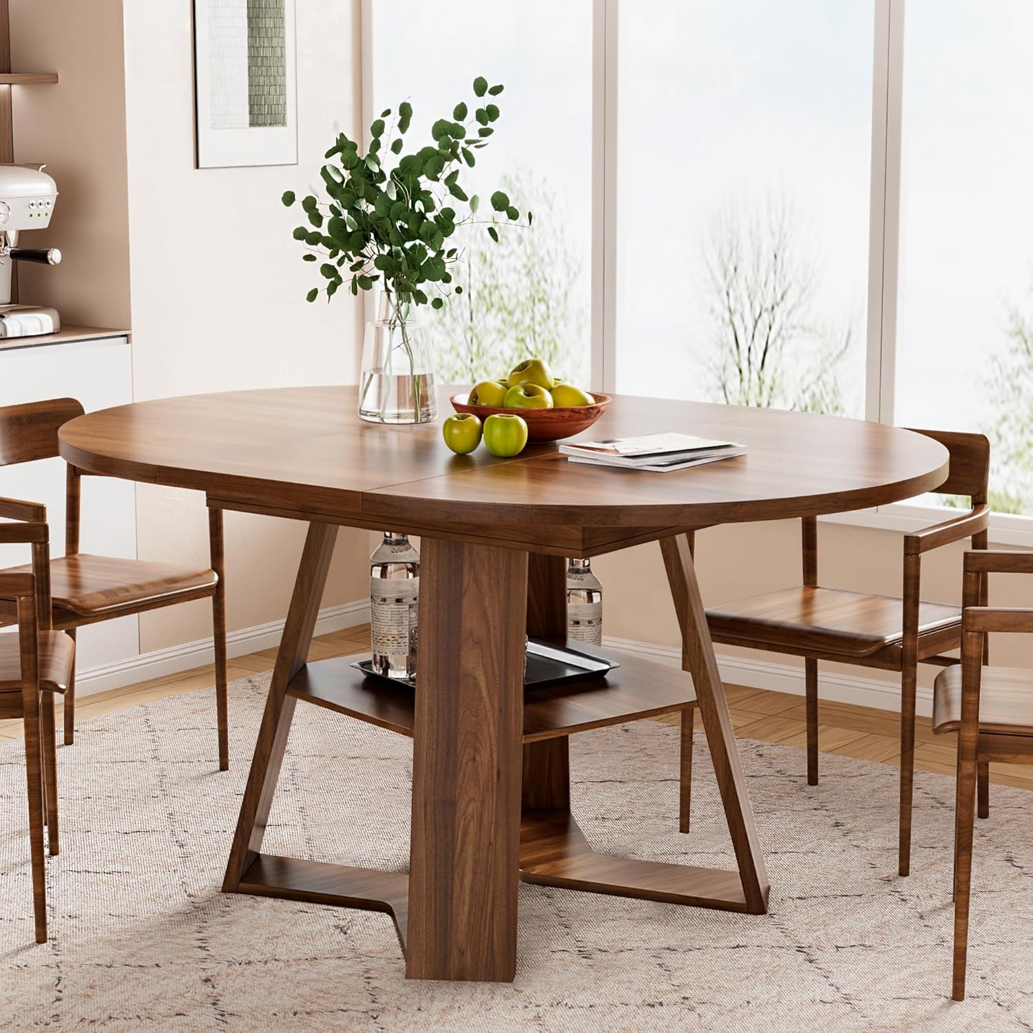 43.3in-59in Extendable Round Dining Table for 4-6,Modern Kitchen Oval Dining Table