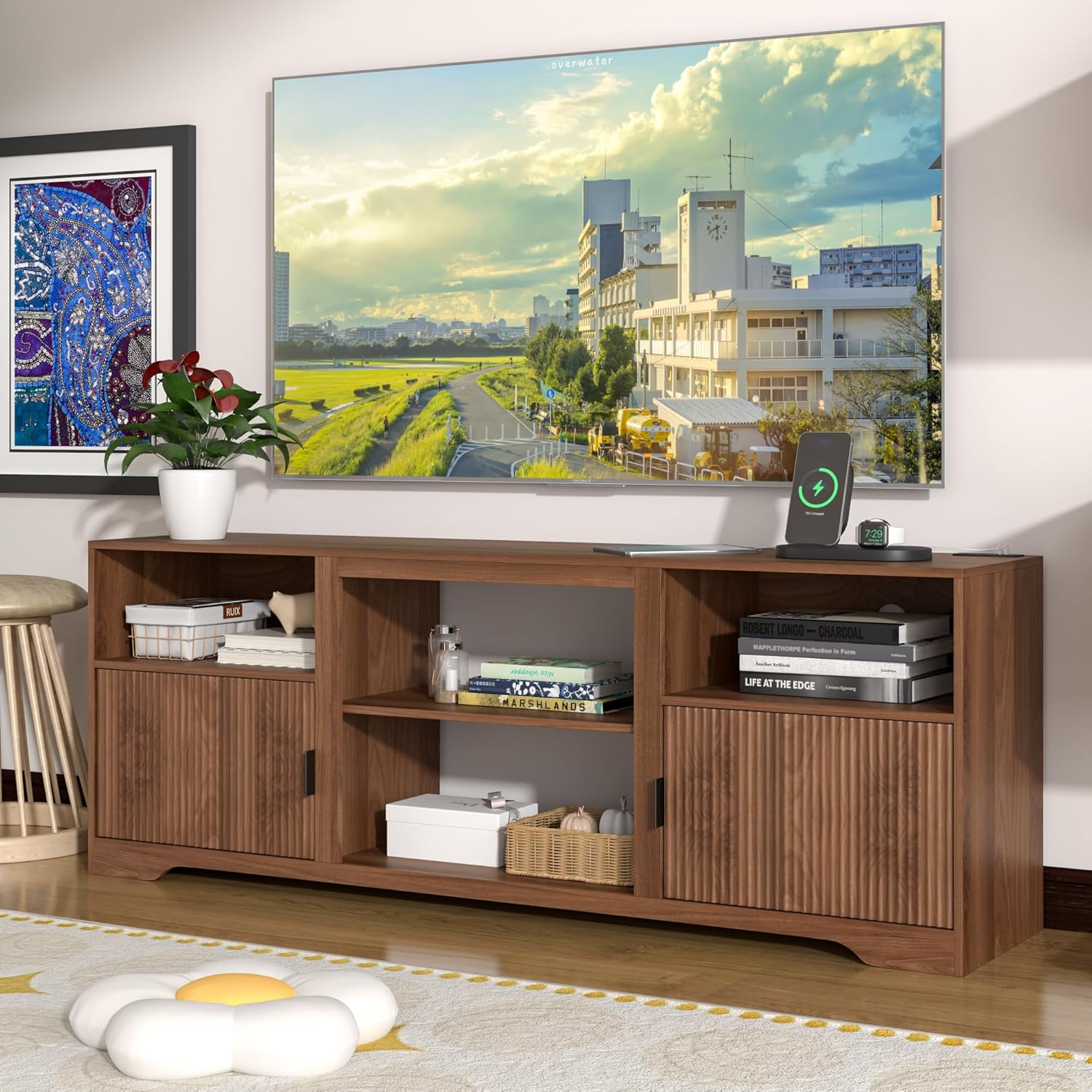 Fluted TV Stand for Tvs up to 80",Mid Century Modern TV Stand with Open Adjustable Shelf