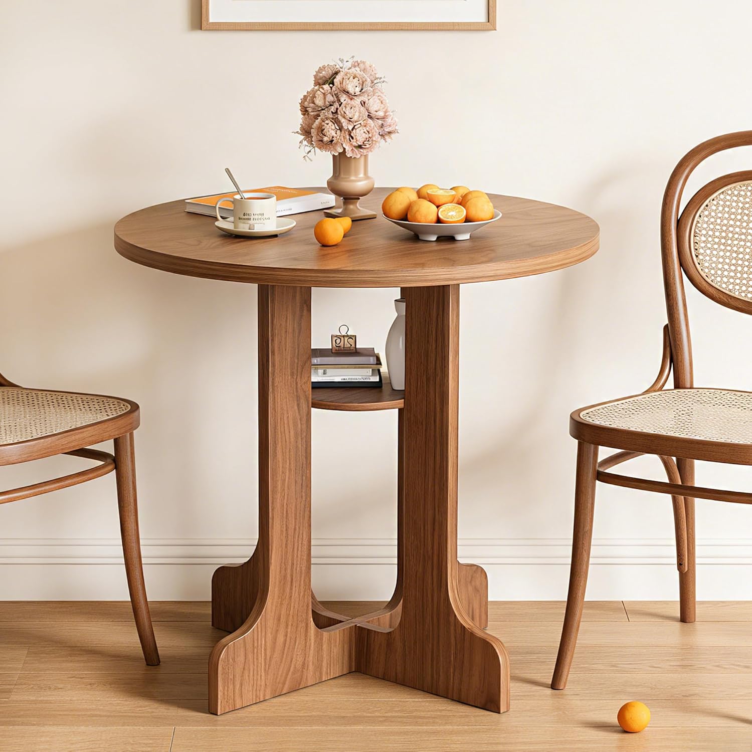 31.5 Inch Round Dining Table, Modern Small Kitchen Table for 2-4, Wooden Dining Room Table Base with Storage Shelf