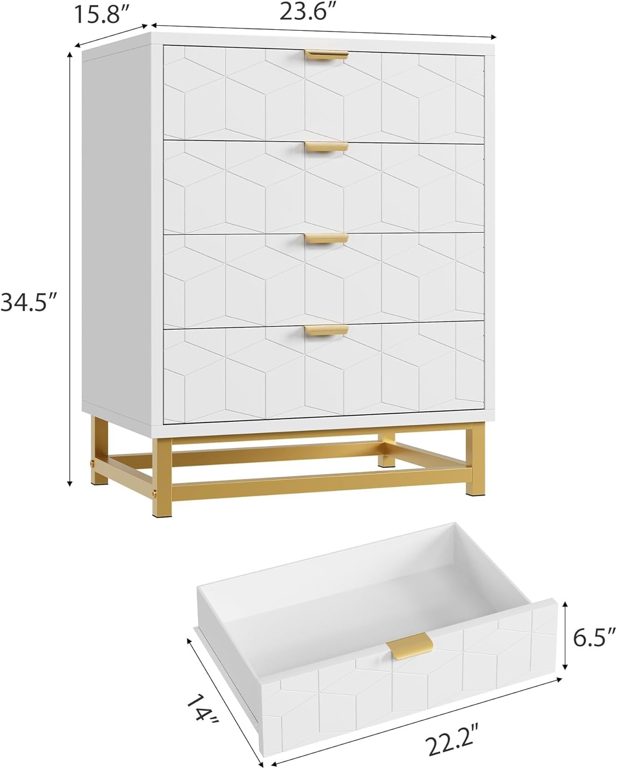 4 Drawer Dresser with Metal Legs, Wood Dressers Chest Organizer with Wide Storage, Modern Chest of Drawers for Bedroom, Living Room, Hallway 