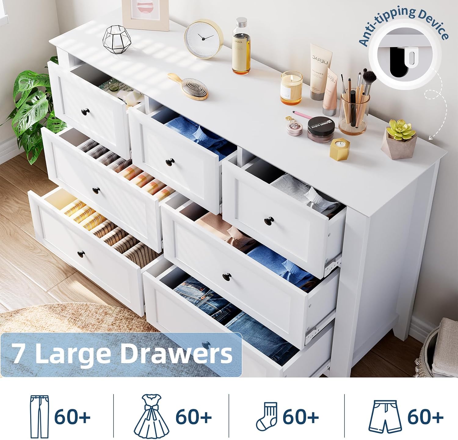 7 Chest of Drawers for Bedroom, 54''L Drawer Dresser, White | Simply 7 Drawer Dresser for Hallway Entryway, 15.8"D x 54"W x 31.5"H, Lacquered Storage Organizer for Living Room 