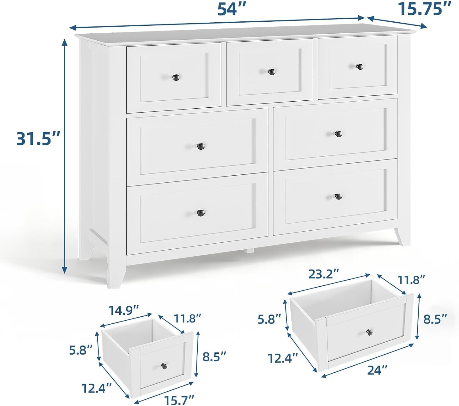 7 Chest of Drawers for Bedroom, 54''L Drawer Dresser, White | Simply 7 Drawer Dresser for Hallway Entryway, 15.8"D x 54"W x 31.5"H, Lacquered Storage Organizer for Living Room 