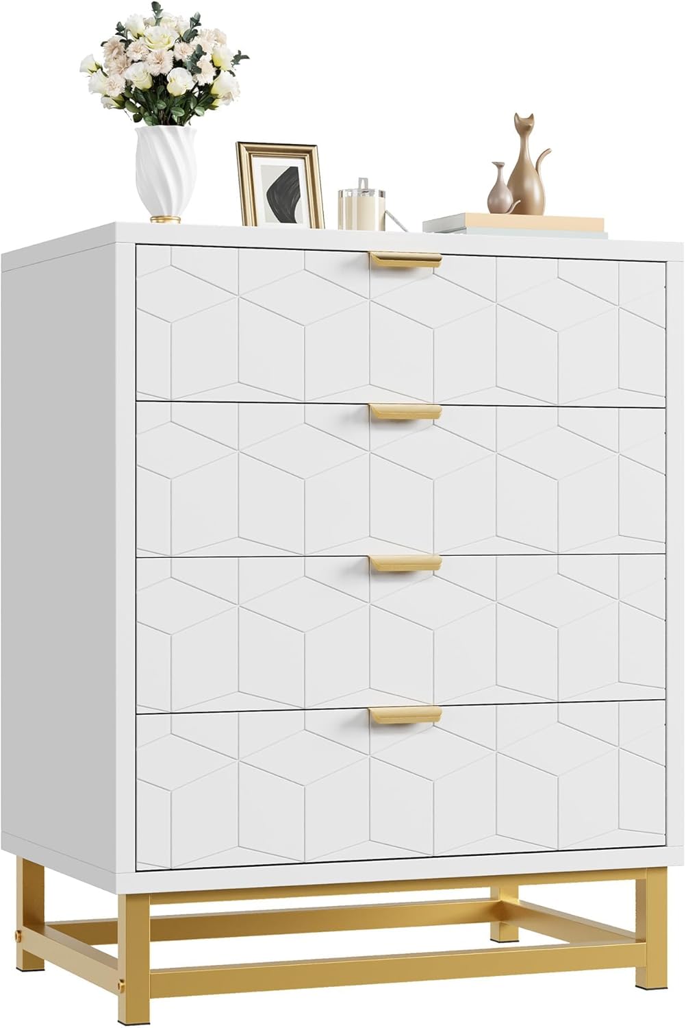 4 Drawer Dresser with Metal Legs, Wood Dressers Chest Organizer with Wide Storage, Modern Chest of Drawers for Bedroom, Living Room, Hallway 
