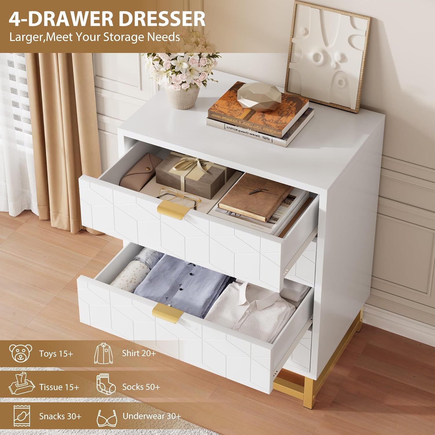 4 Drawer Dresser with Metal Legs, Wood Dressers Chest Organizer with Wide Storage, Modern Chest of Drawers for Bedroom, Living Room, Hallway 
