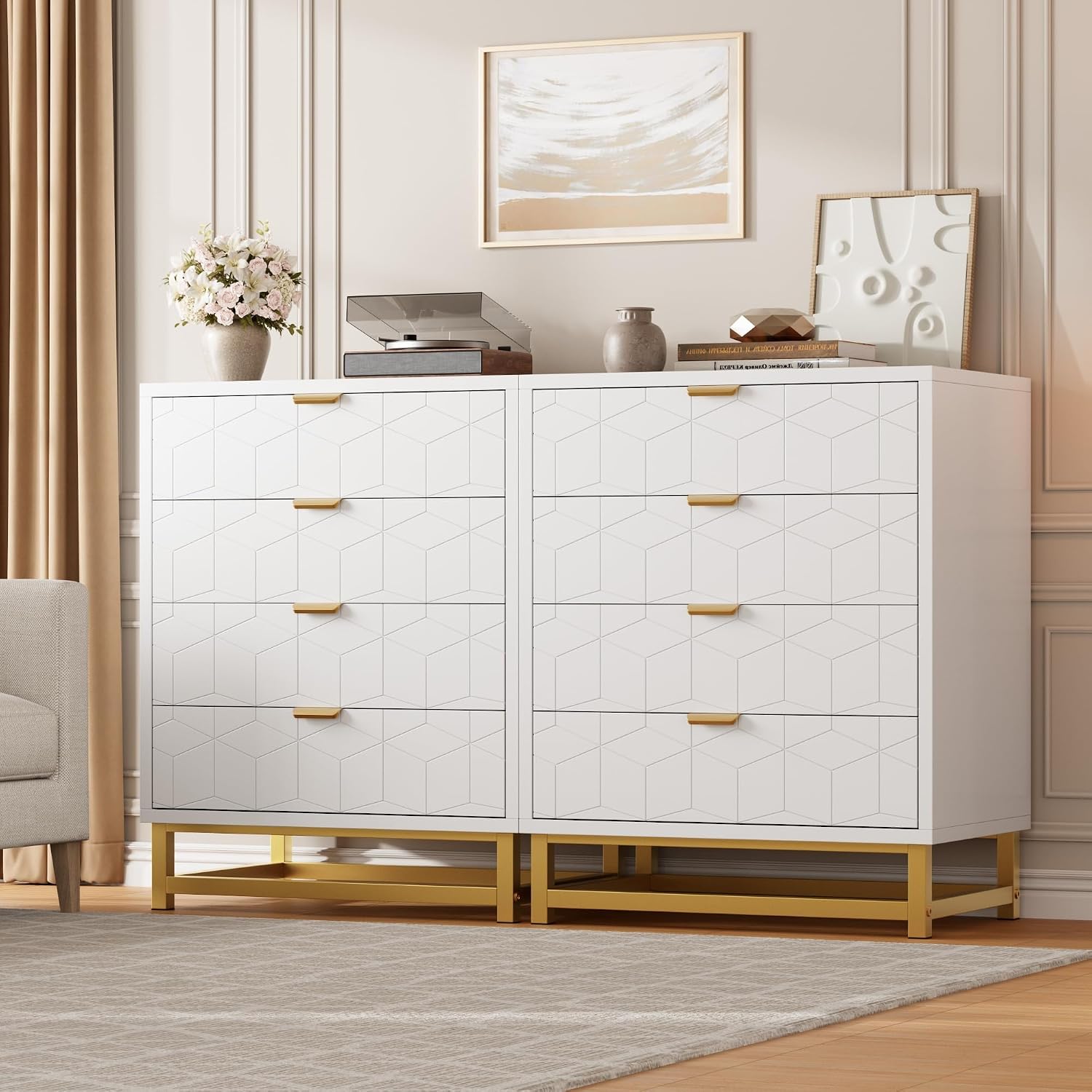 4 Drawer Dresser with Metal Legs, Wood Dressers Chest Organizer with Wide Storage, Modern Chest of Drawers for Bedroom, Living Room, Hallway 