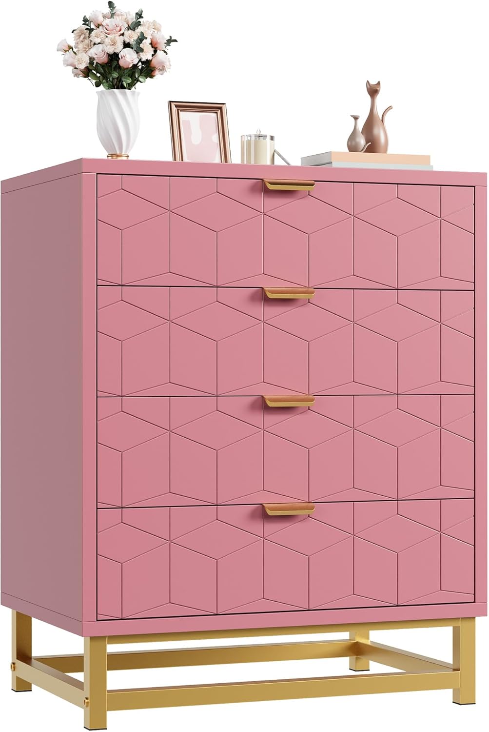 4 Drawer Dresser with Metal Legs, Wood Dressers Chest Organizer with Wide Storage, Modern Chest of Drawers for Bedroom, Living Room, Hallway 